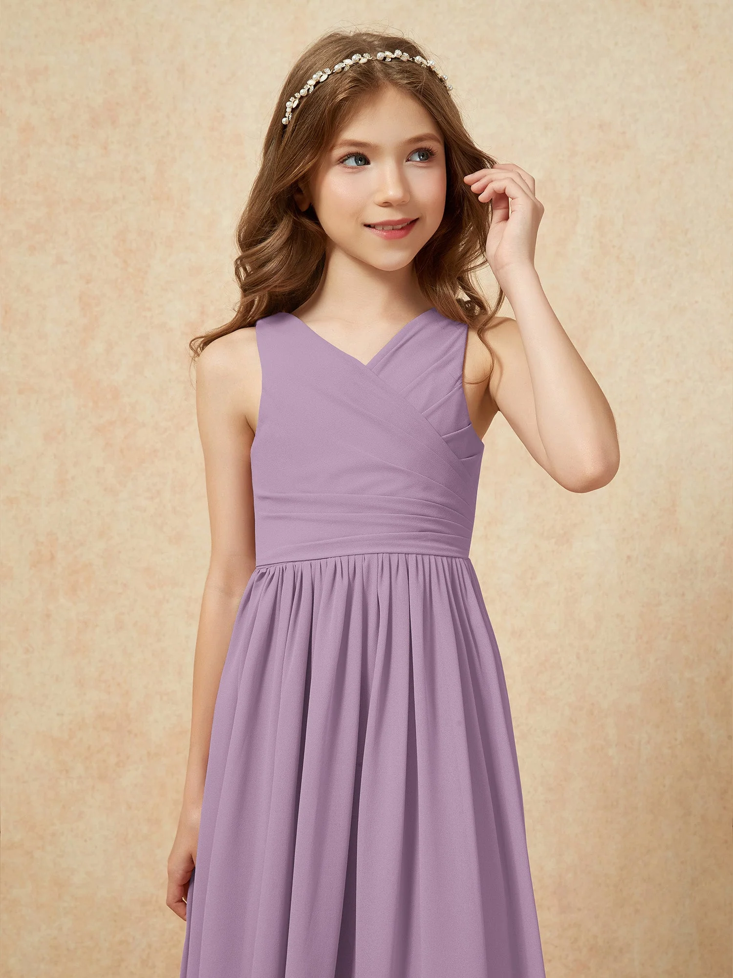 Plissee V-Ausschnitt Chiffon Lang Junge Brautjungfernkleider Blauregen - Image 6