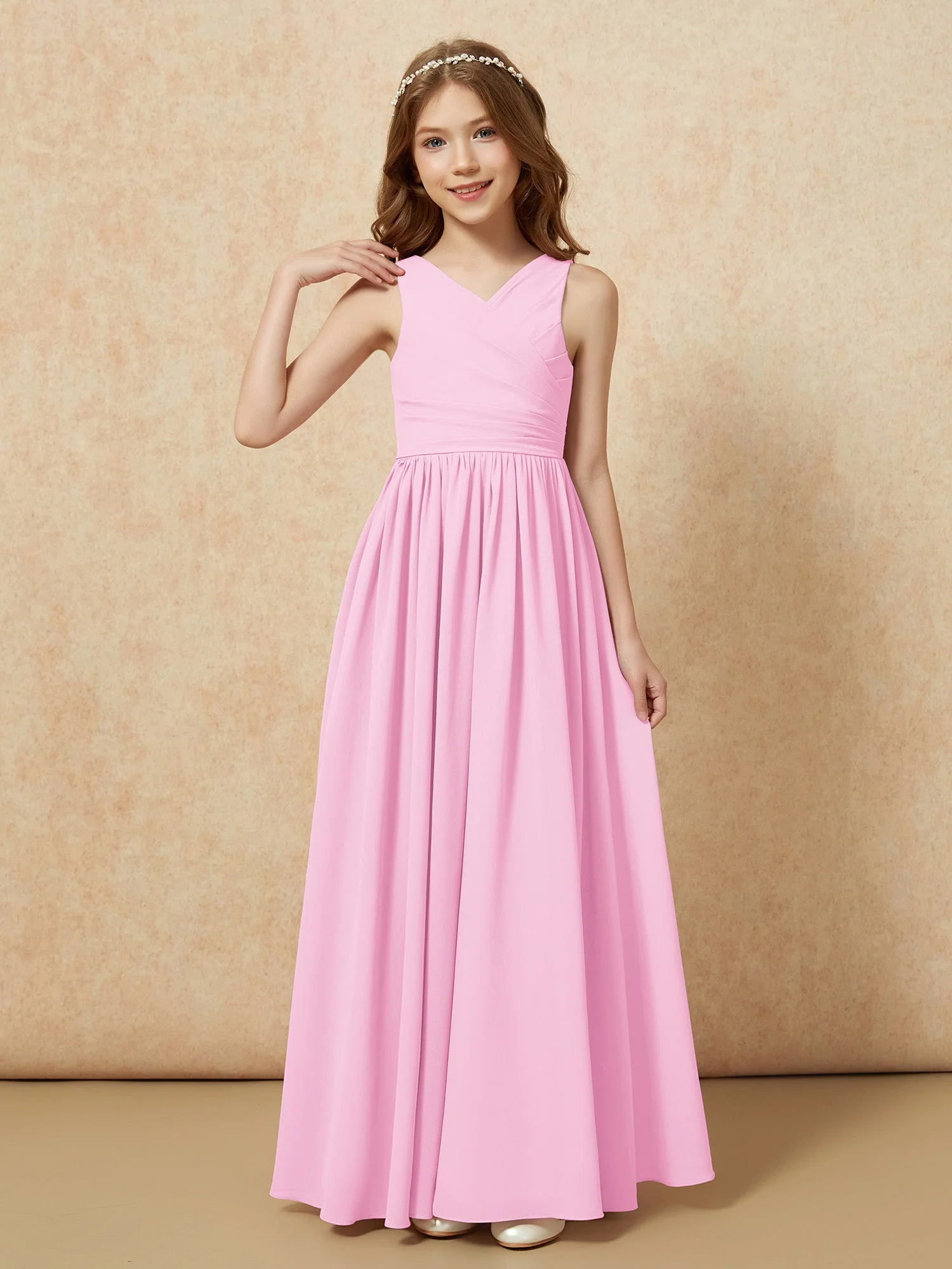 Plissee V-Ausschnitt Chiffon Lang Junge Brautjungfernkleider Bonbonrosa
