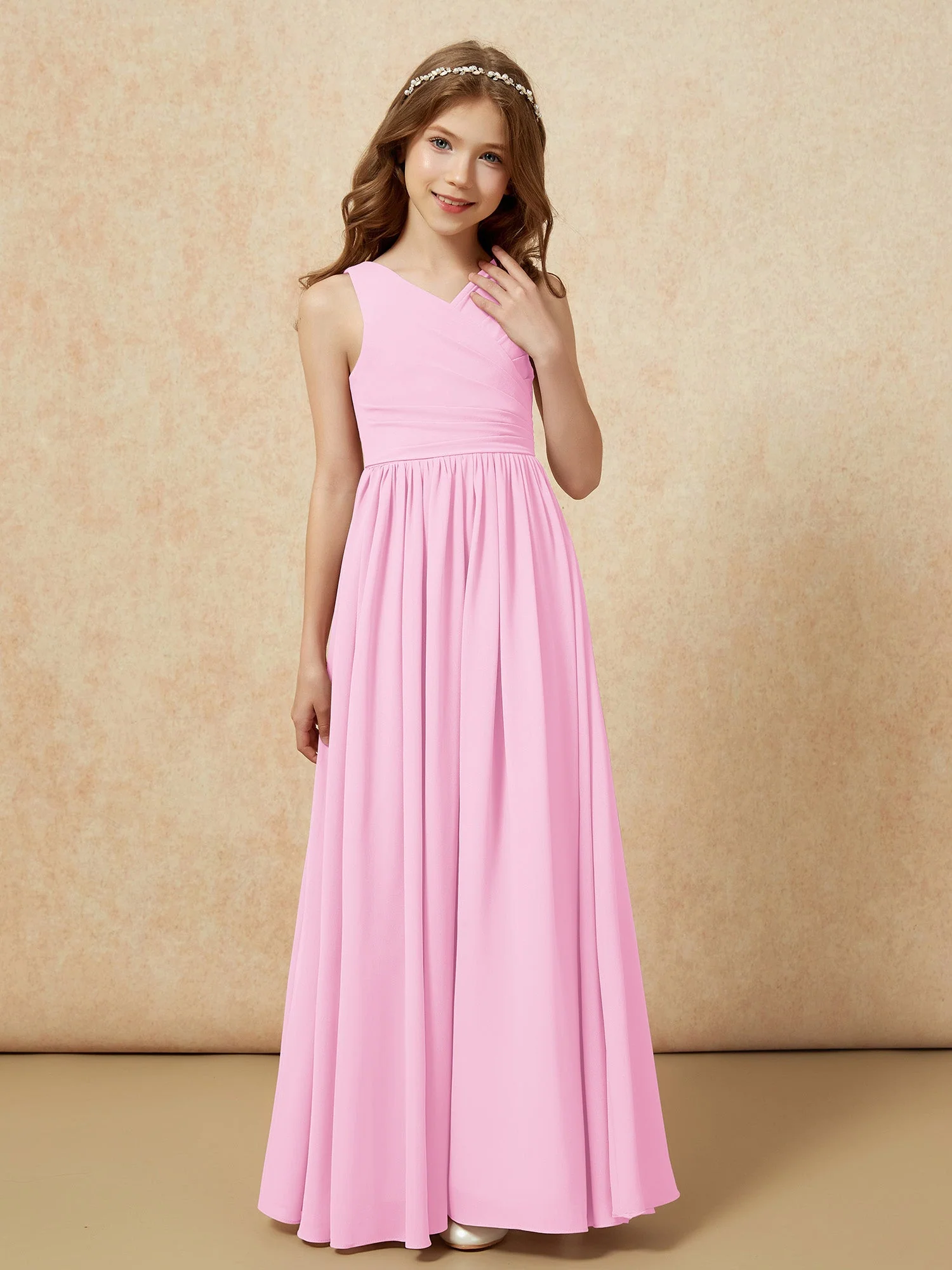 Plissee V-Ausschnitt Chiffon Lang Junge Brautjungfernkleider Bonbonrosa - Image 5