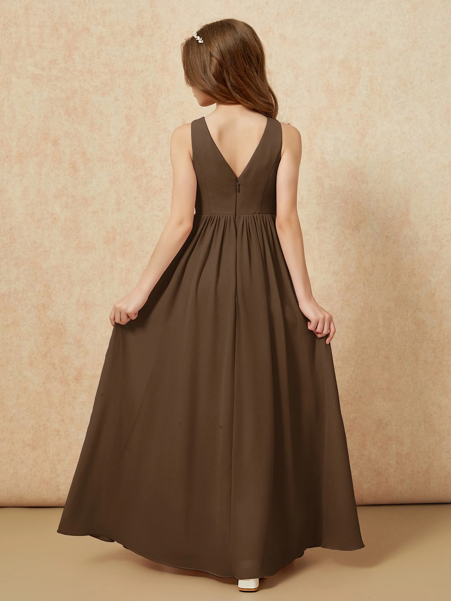 Plissee V-Ausschnitt Chiffon Lang Junge Brautjungfernkleider Braun - Image 2