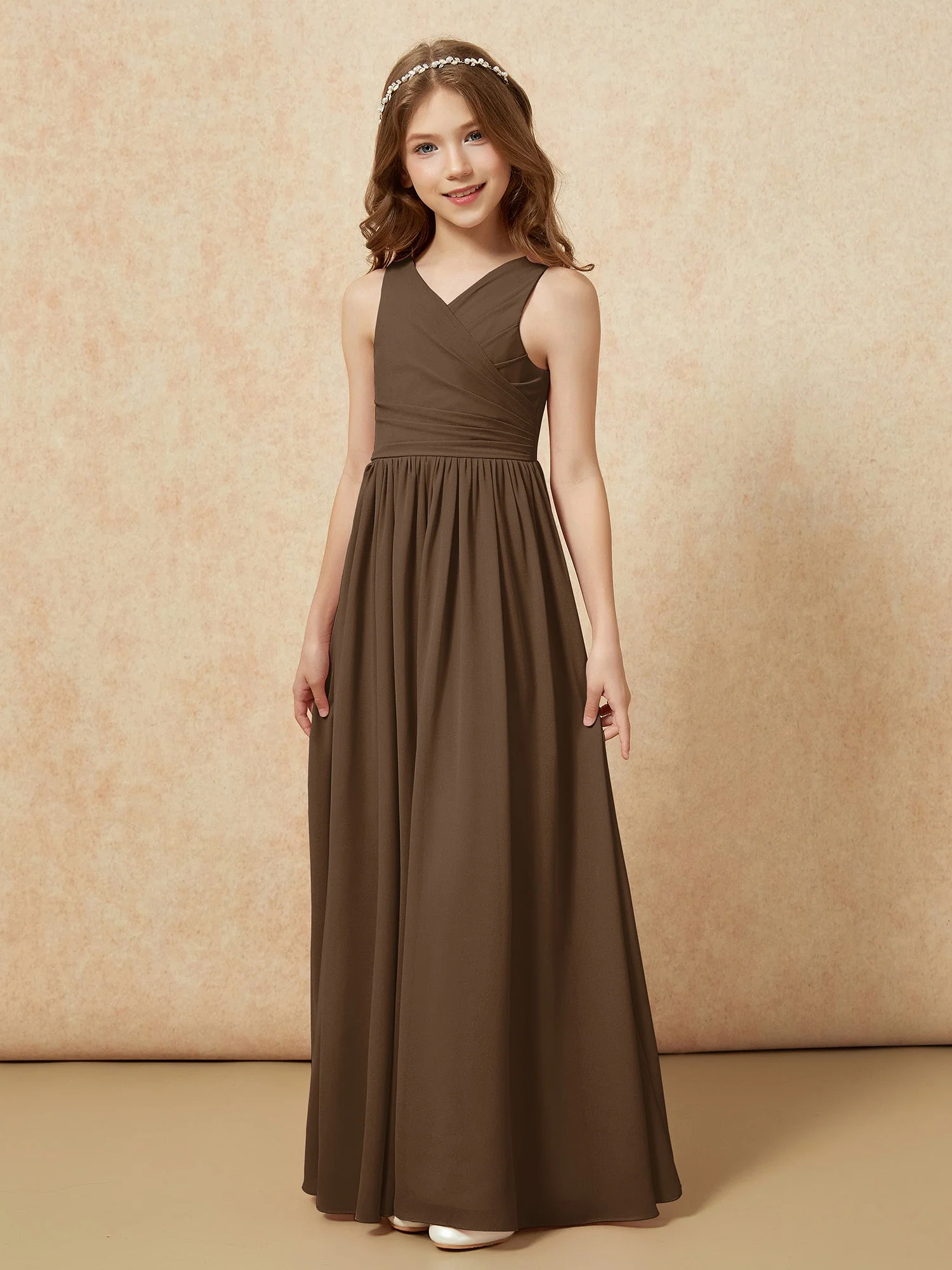 Plissee V-Ausschnitt Chiffon Lang Junge Brautjungfernkleider Braun - Image 3