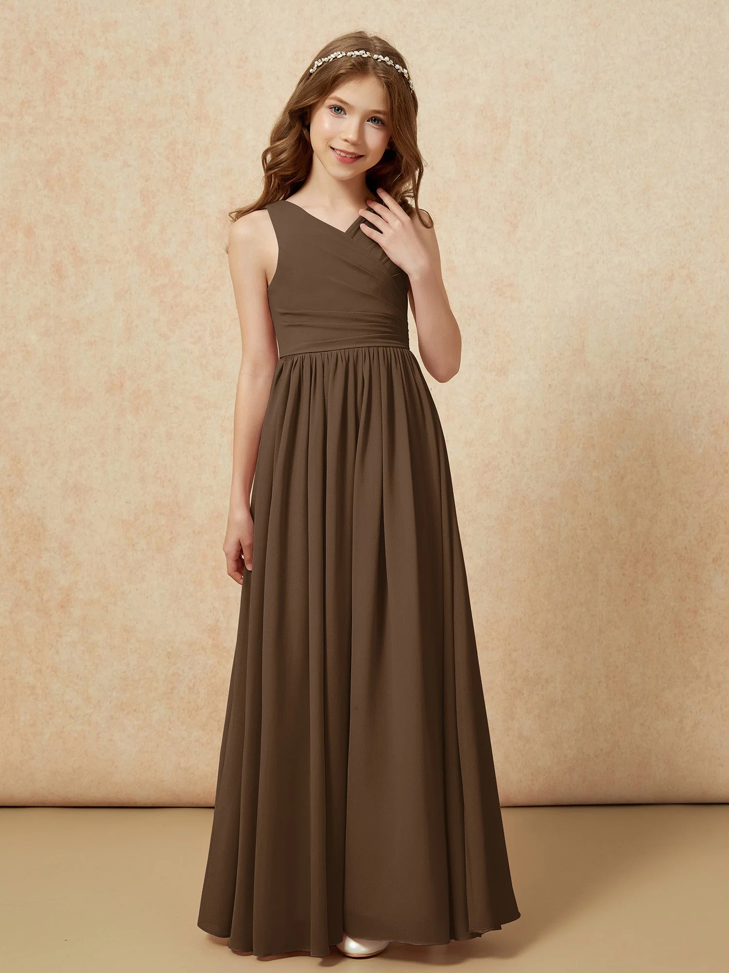 Plissee V-Ausschnitt Chiffon Lang Junge Brautjungfernkleider Braun - Image 5