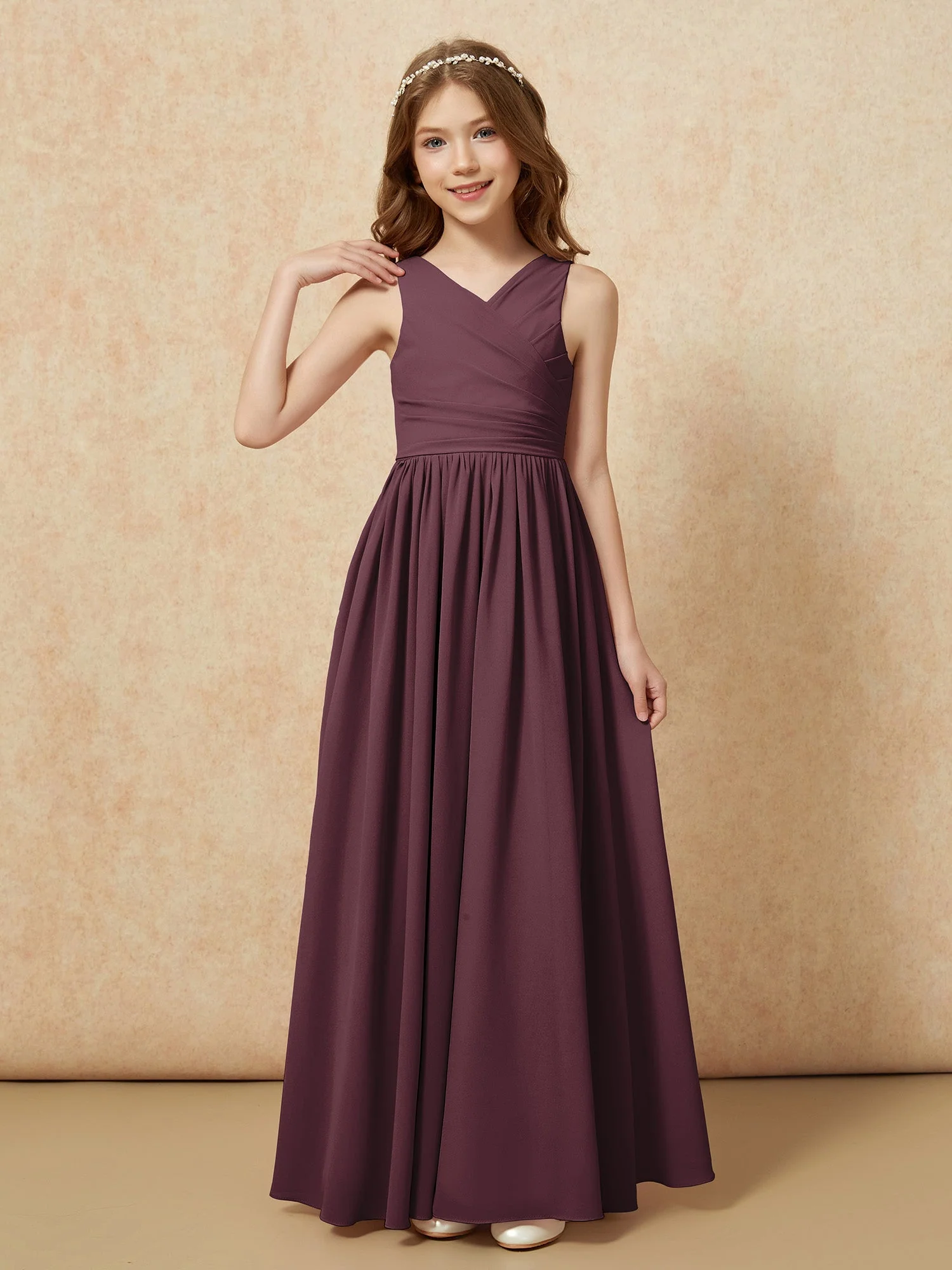 Plissee V-Ausschnitt Chiffon Lang Junge Brautjungfernkleider Cabernet