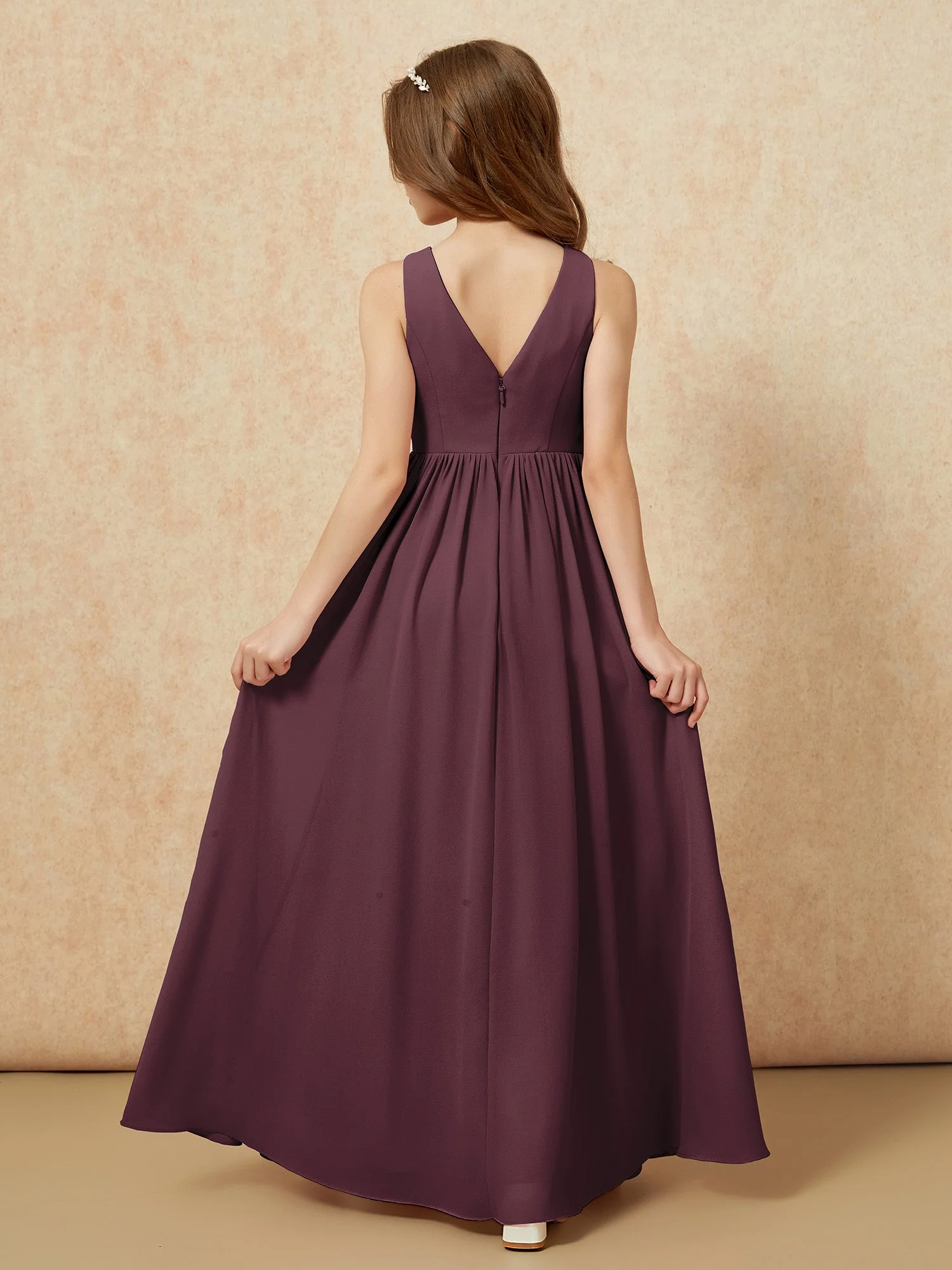 Plissee V-Ausschnitt Chiffon Lang Junge Brautjungfernkleider Cabernet - Image 2