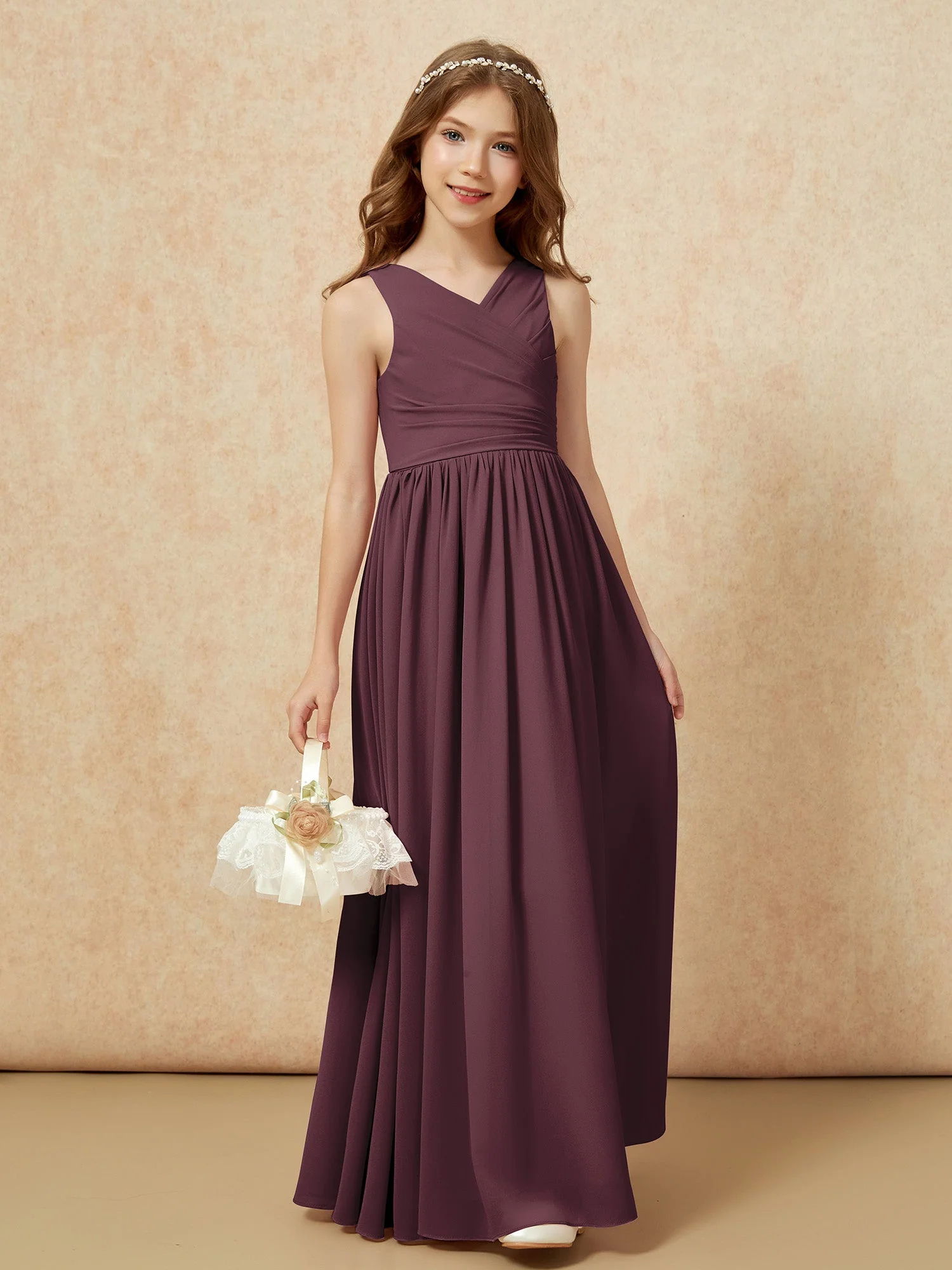 Plissee V-Ausschnitt Chiffon Lang Junge Brautjungfernkleider Cabernet - Image 4