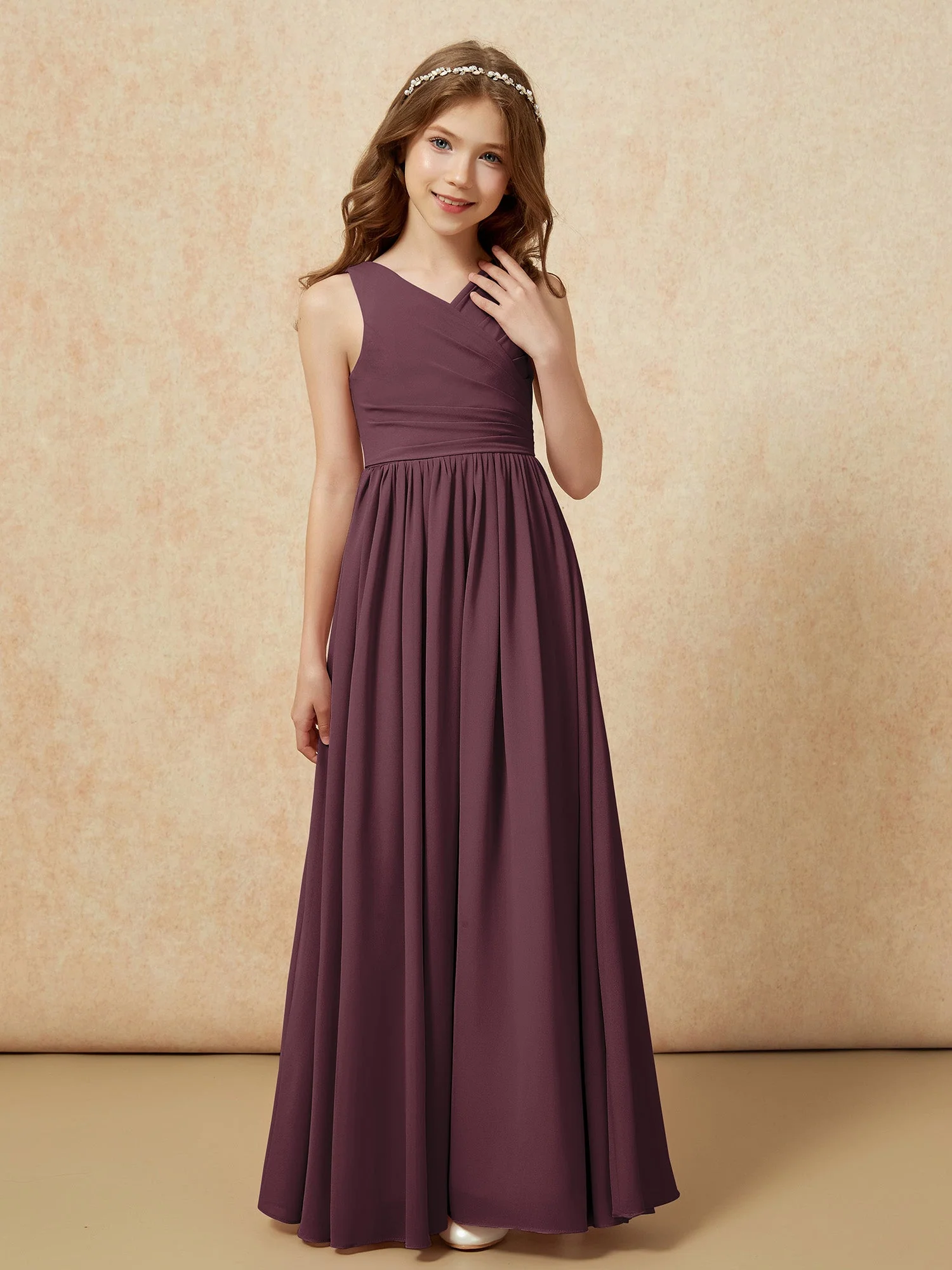 Plissee V-Ausschnitt Chiffon Lang Junge Brautjungfernkleider Cabernet - Image 5
