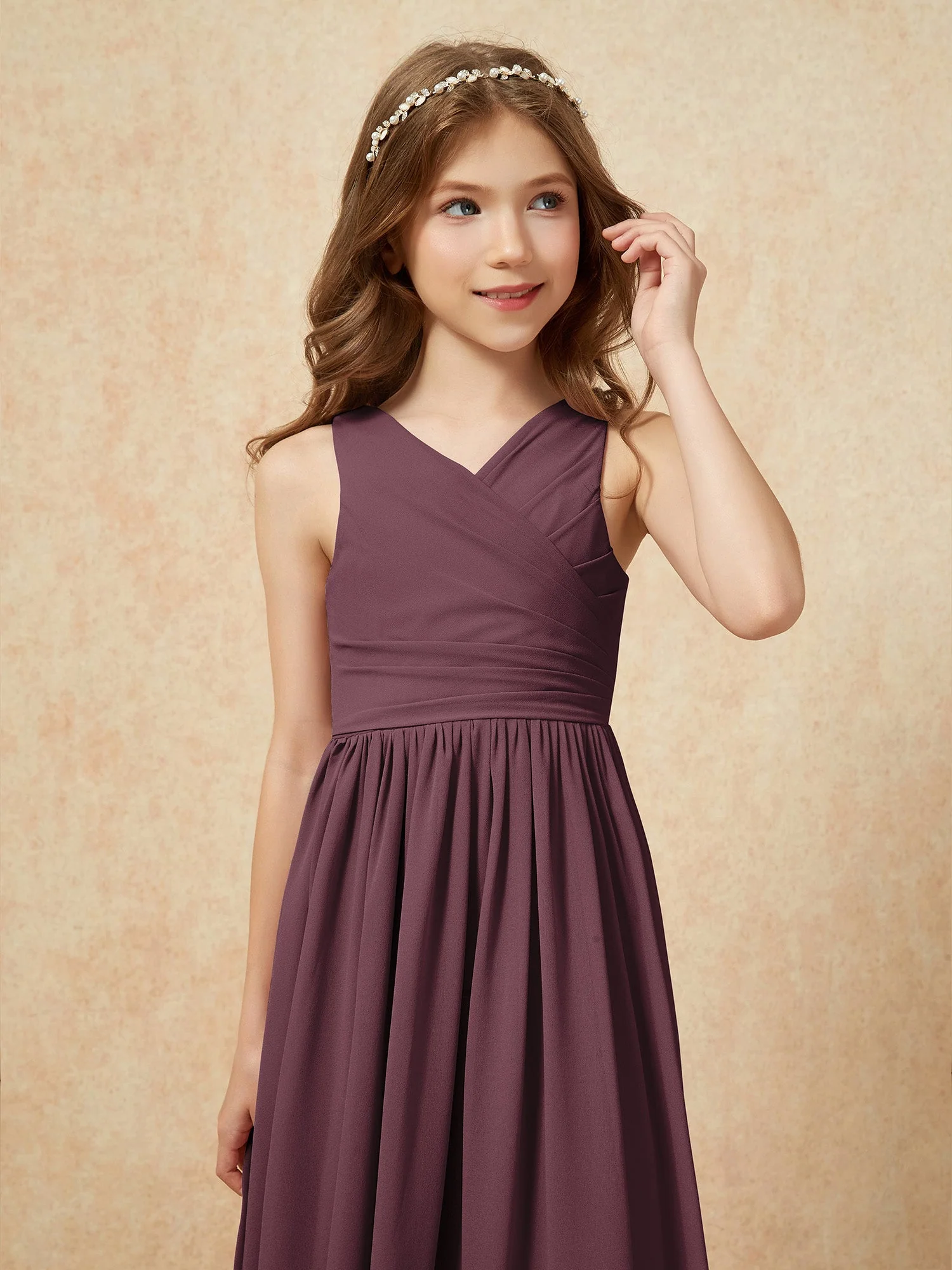 Plissee V-Ausschnitt Chiffon Lang Junge Brautjungfernkleider Cabernet - Image 6