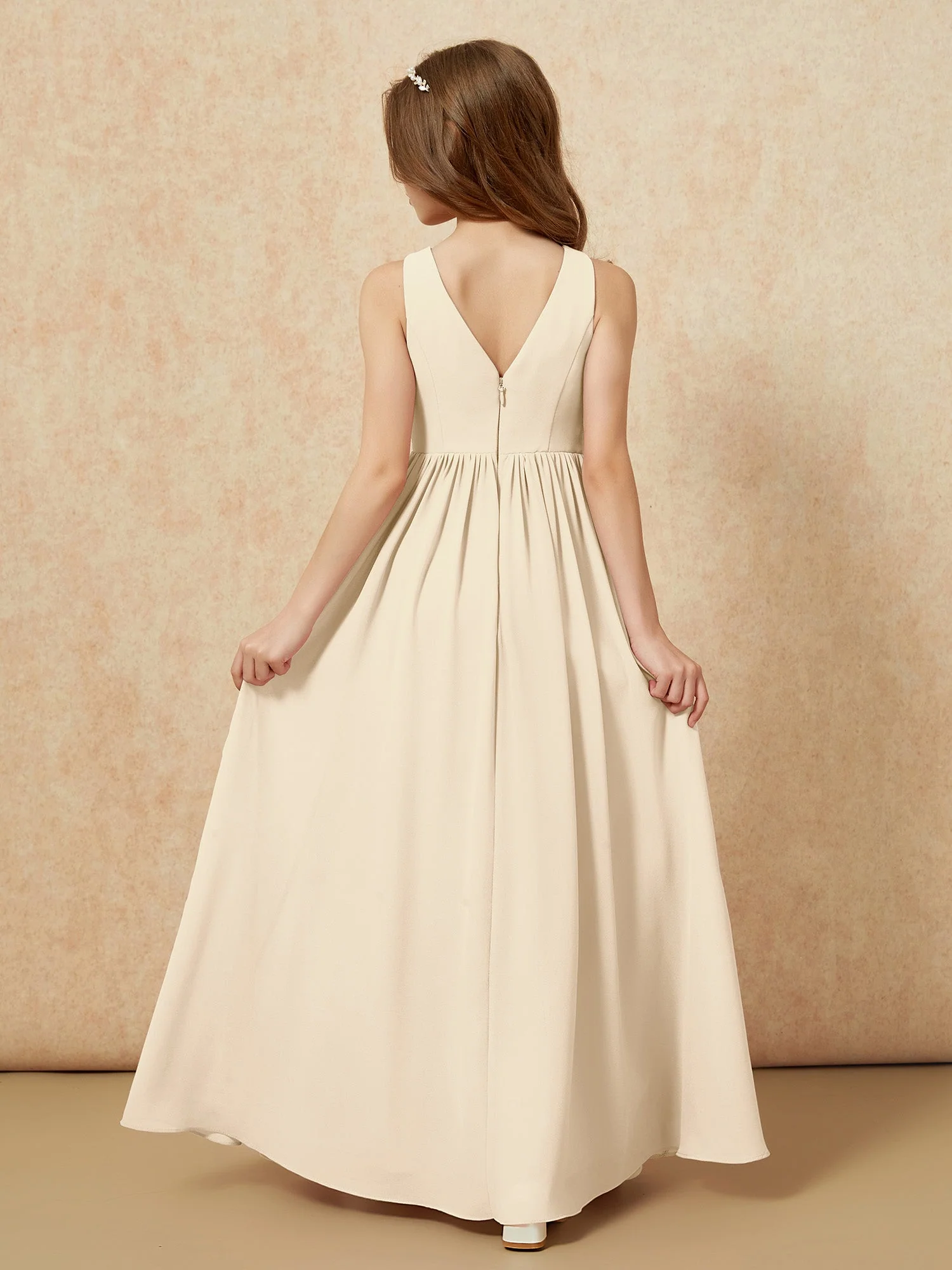 Plissee V-Ausschnitt Chiffon Lang Junge Brautjungfernkleider Champagner - Image 2