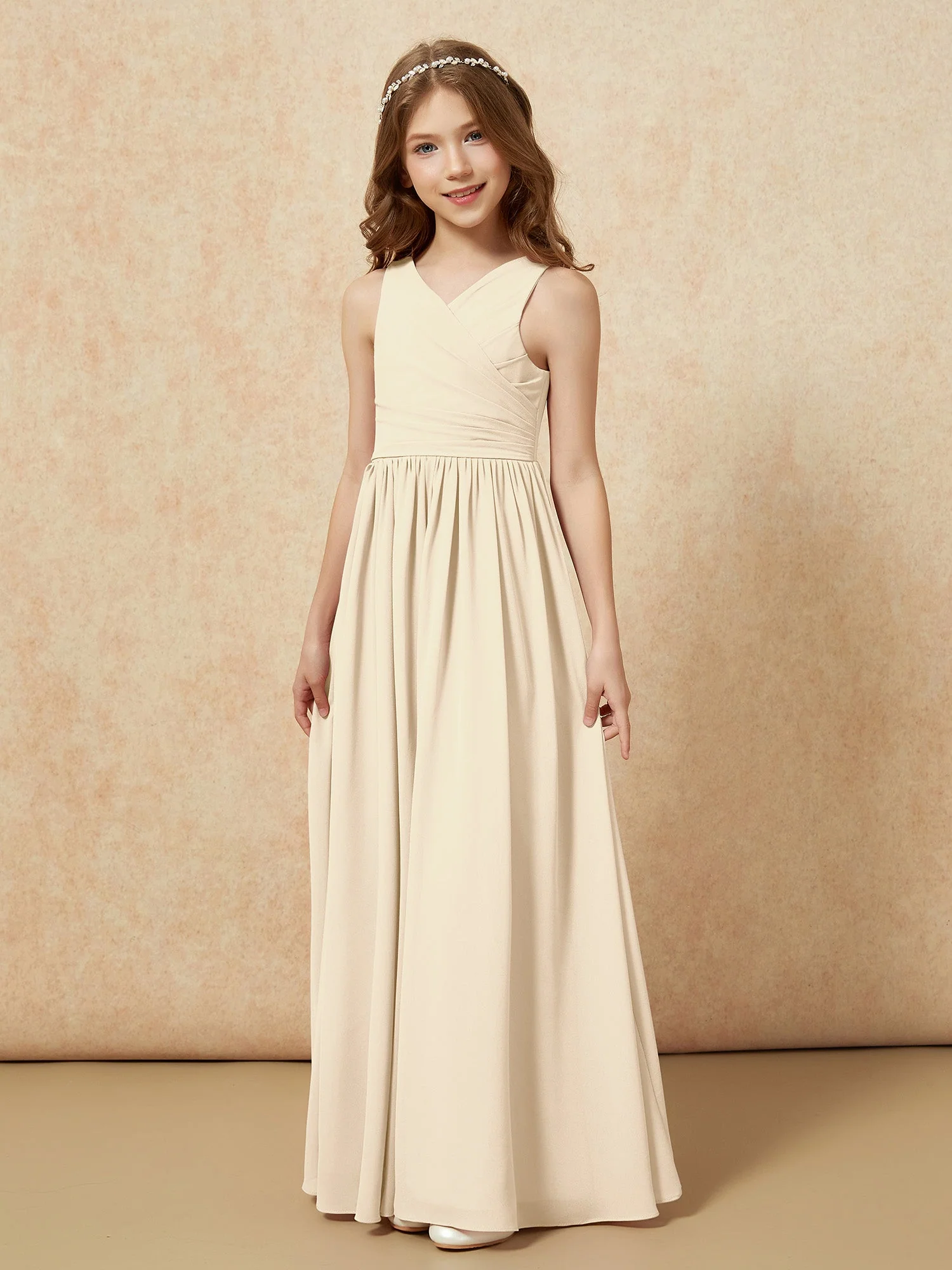Plissee V-Ausschnitt Chiffon Lang Junge Brautjungfernkleider Champagner - Image 3