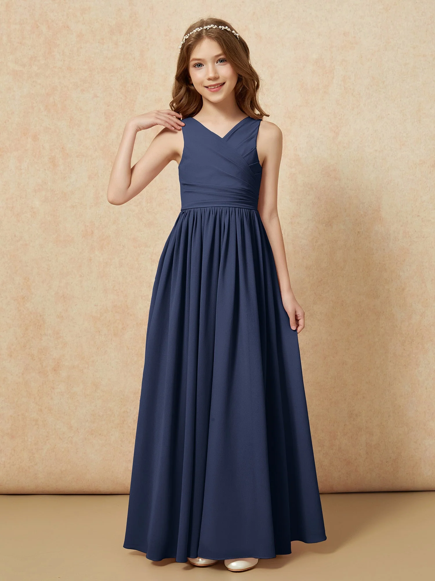 Plissee V-Ausschnitt Chiffon Lang Junge Brautjungfernkleider Dunkelmarine