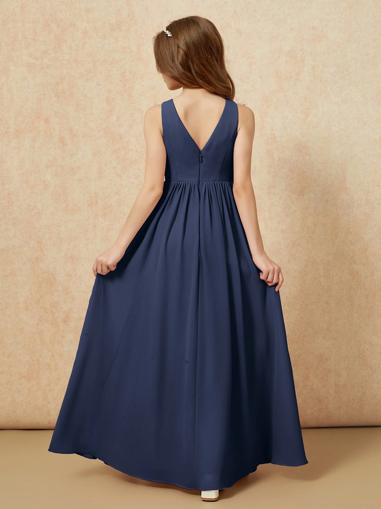 Plissee V-Ausschnitt Chiffon Lang Junge Brautjungfernkleider Dunkelmarine - Image 2