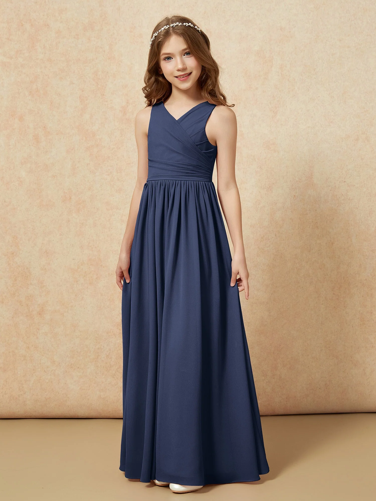 Plissee V-Ausschnitt Chiffon Lang Junge Brautjungfernkleider Dunkelmarine - Image 3