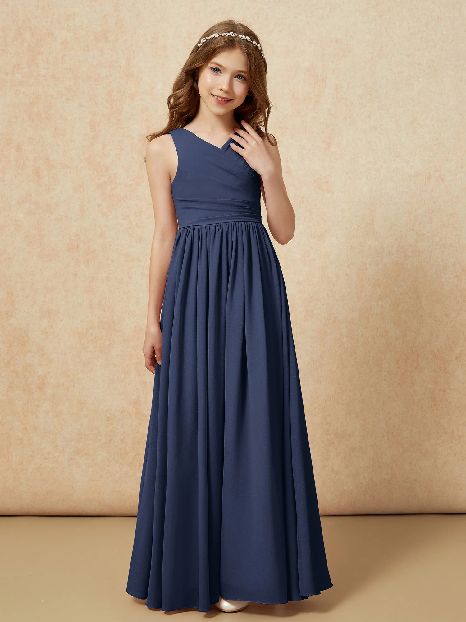 Plissee V-Ausschnitt Chiffon Lang Junge Brautjungfernkleider Dunkelmarine - Image 5
