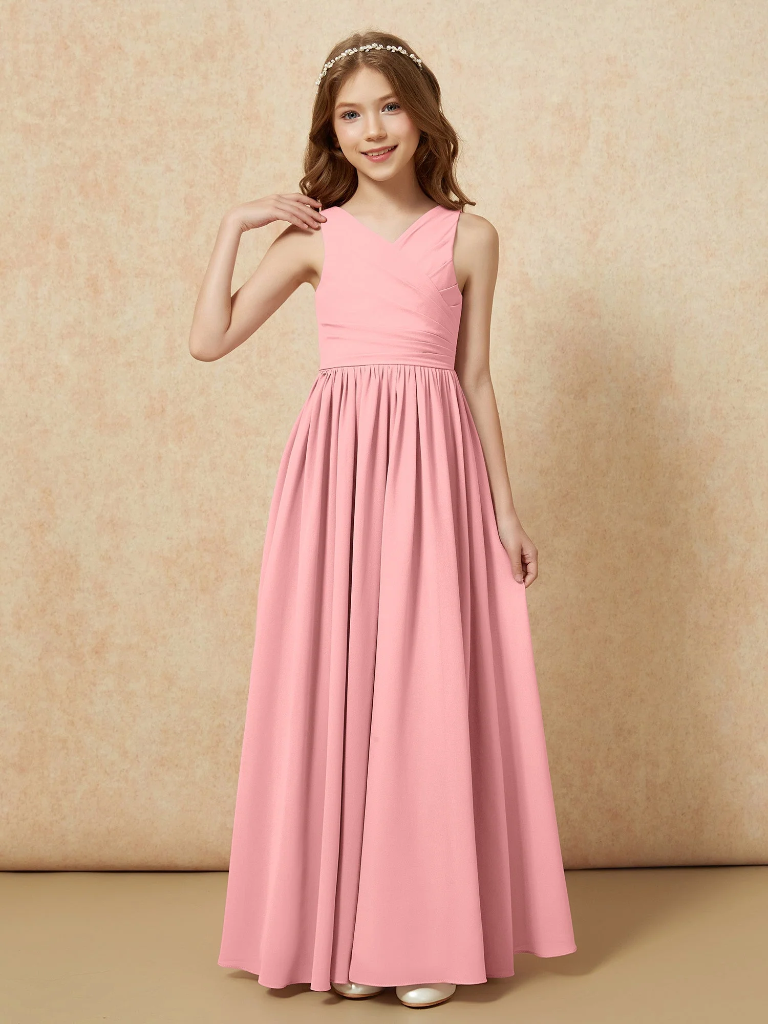 Plissee V-Ausschnitt Chiffon Lang Junge Brautjungfernkleider Flamingo