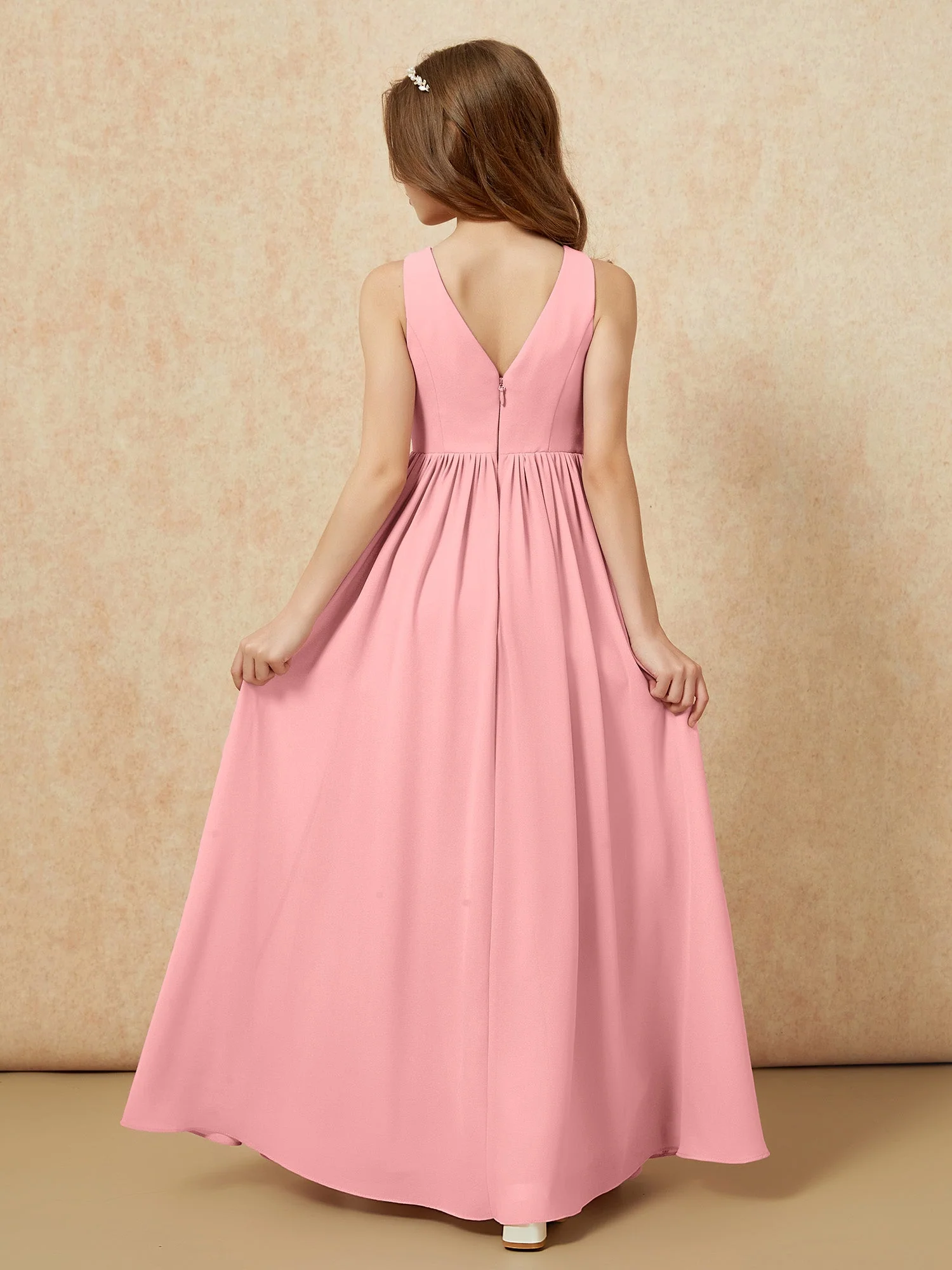 Plissee V-Ausschnitt Chiffon Lang Junge Brautjungfernkleider Flamingo - Image 2