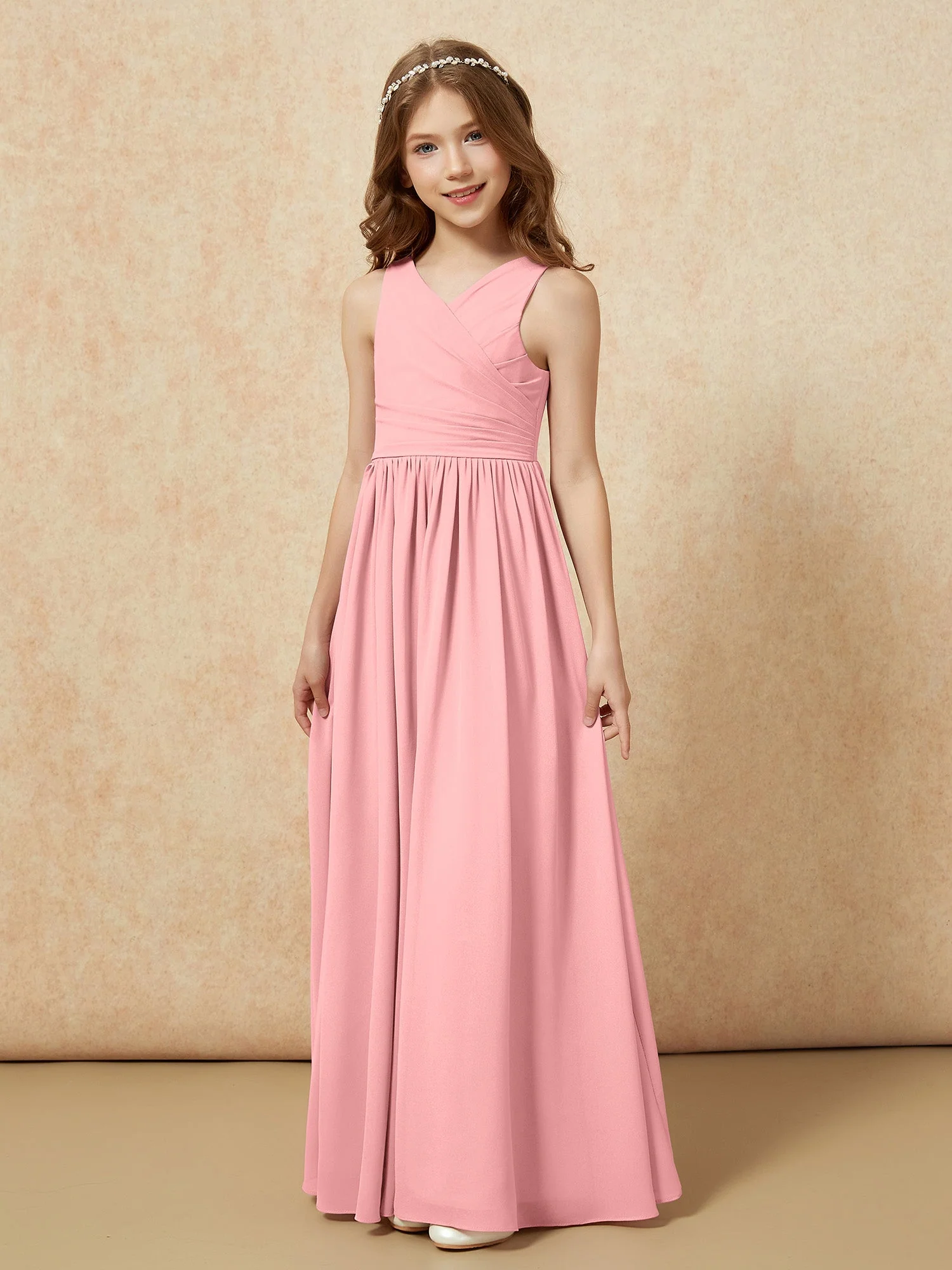 Plissee V-Ausschnitt Chiffon Lang Junge Brautjungfernkleider Flamingo - Image 3