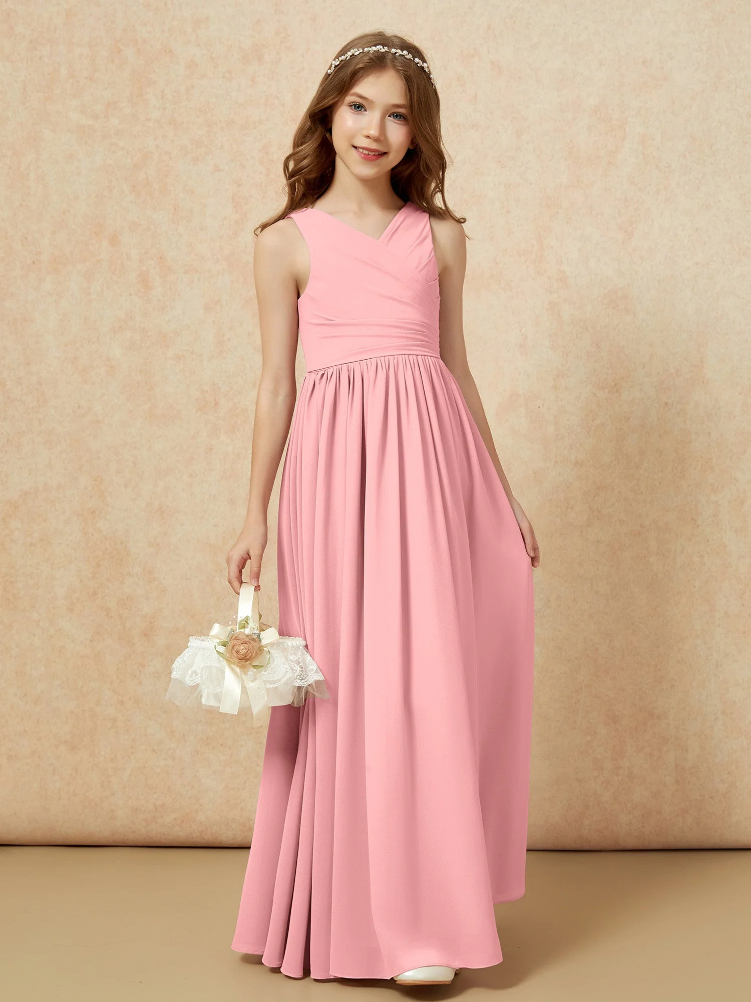 Plissee V-Ausschnitt Chiffon Lang Junge Brautjungfernkleider Flamingo - Image 4
