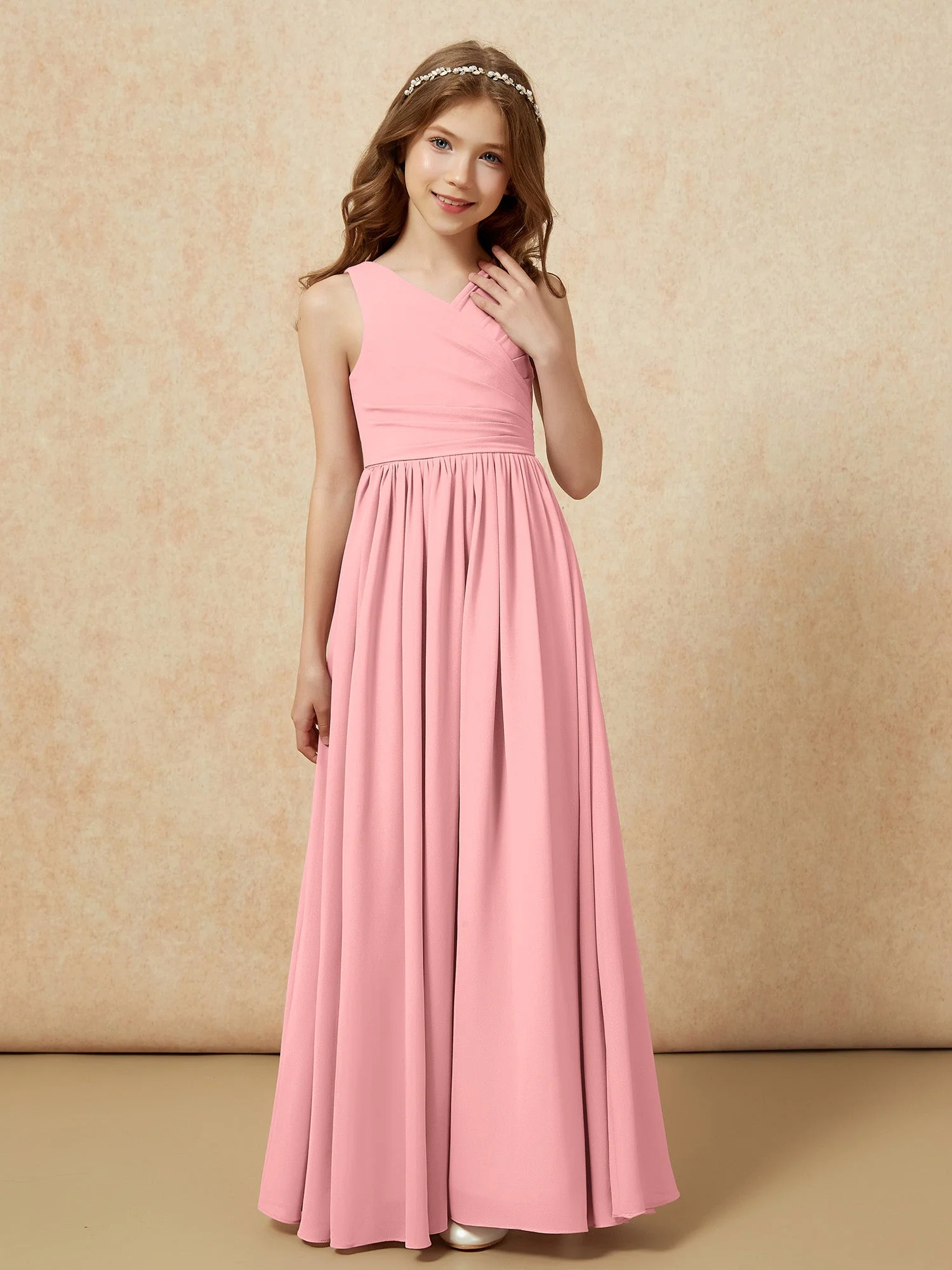 Plissee V-Ausschnitt Chiffon Lang Junge Brautjungfernkleider Flamingo - Image 5