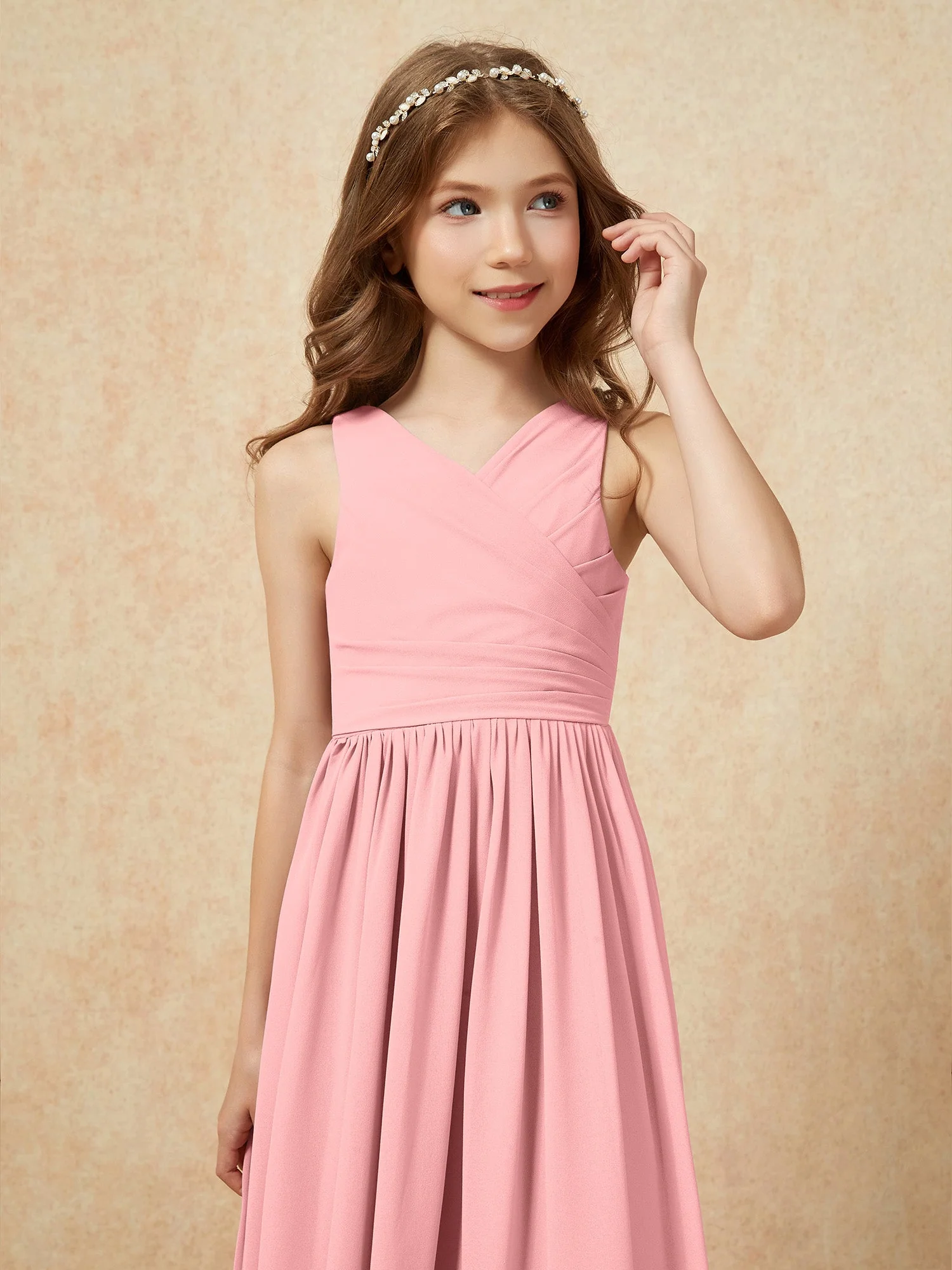 Plissee V-Ausschnitt Chiffon Lang Junge Brautjungfernkleider Flamingo - Image 6