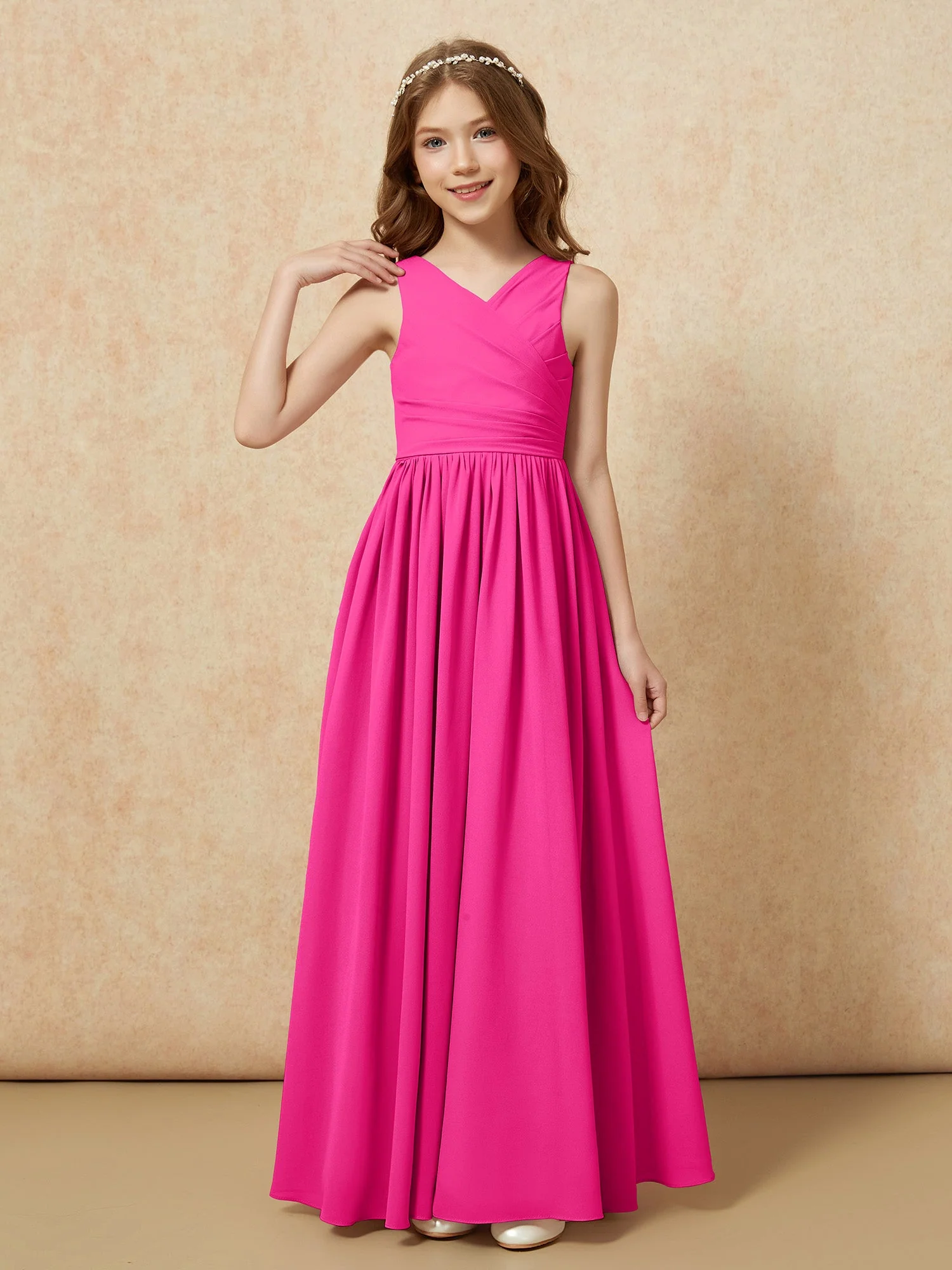 Plissee V-Ausschnitt Chiffon Lang Junge Brautjungfernkleider Fuchsia