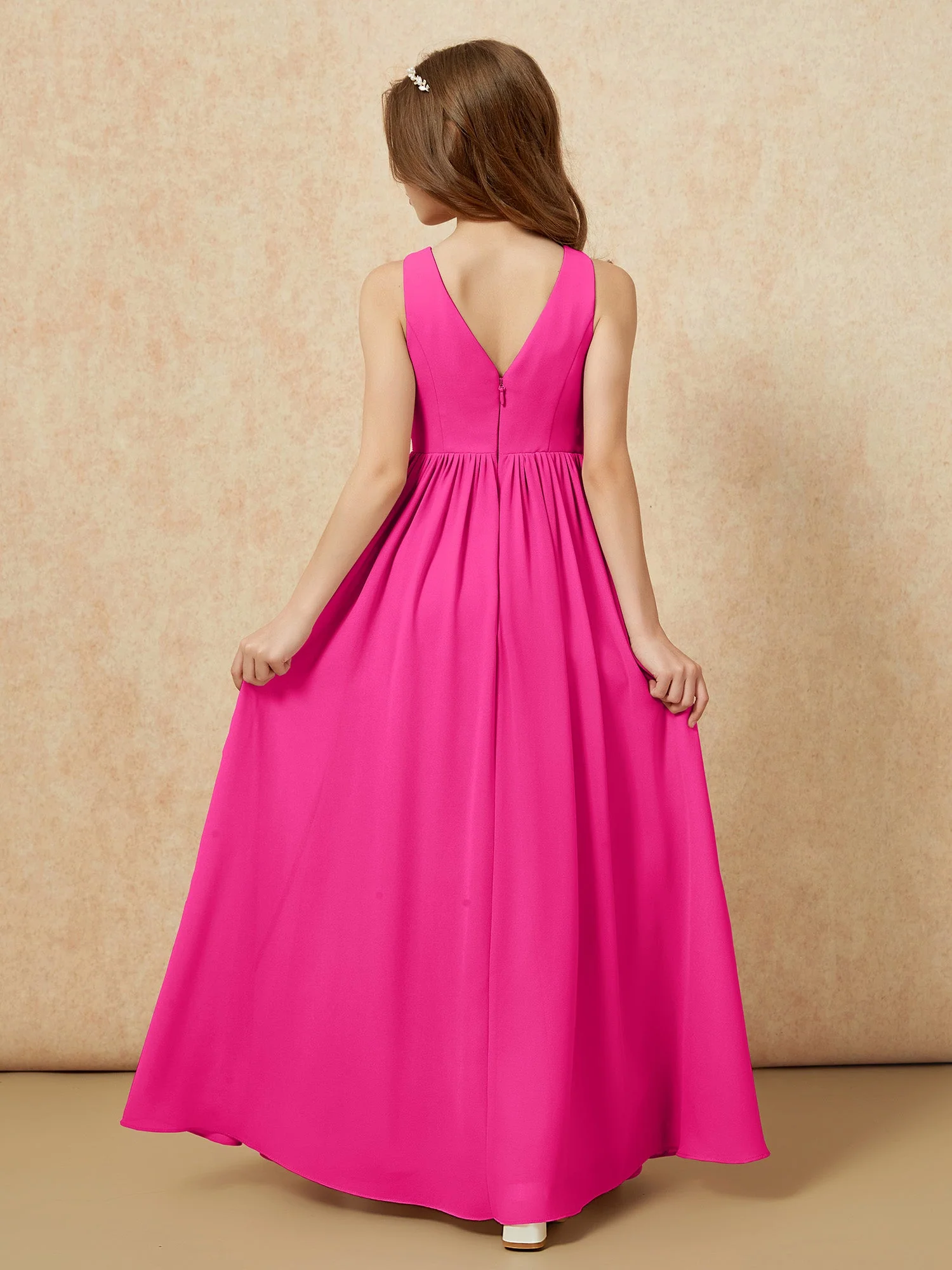 Plissee V-Ausschnitt Chiffon Lang Junge Brautjungfernkleider Fuchsia - Image 2