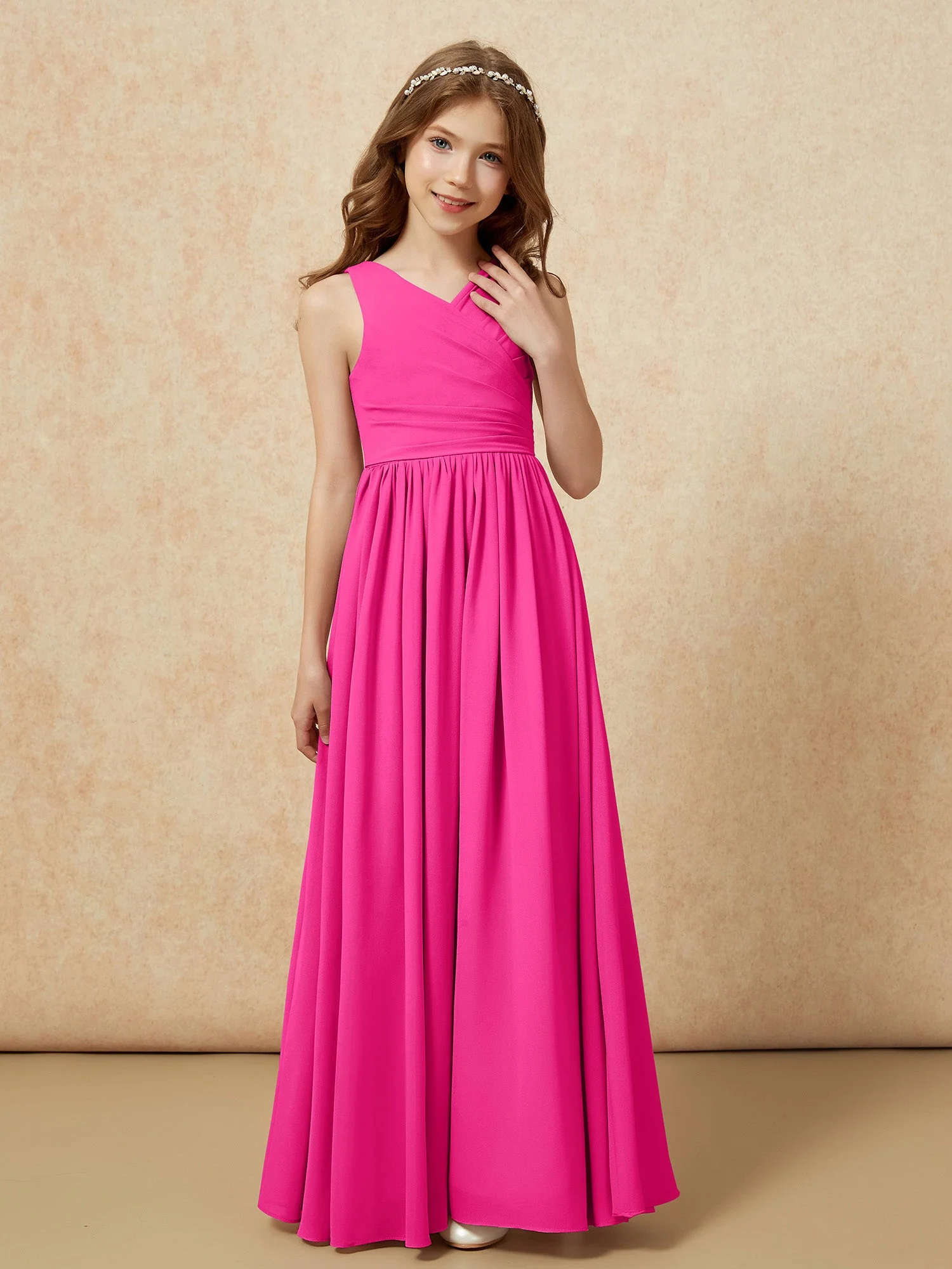 Plissee V-Ausschnitt Chiffon Lang Junge Brautjungfernkleider Fuchsia - Image 5