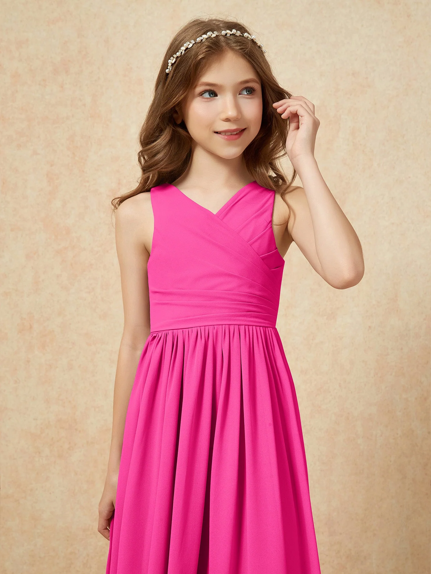 Plissee V-Ausschnitt Chiffon Lang Junge Brautjungfernkleider Fuchsia - Image 6