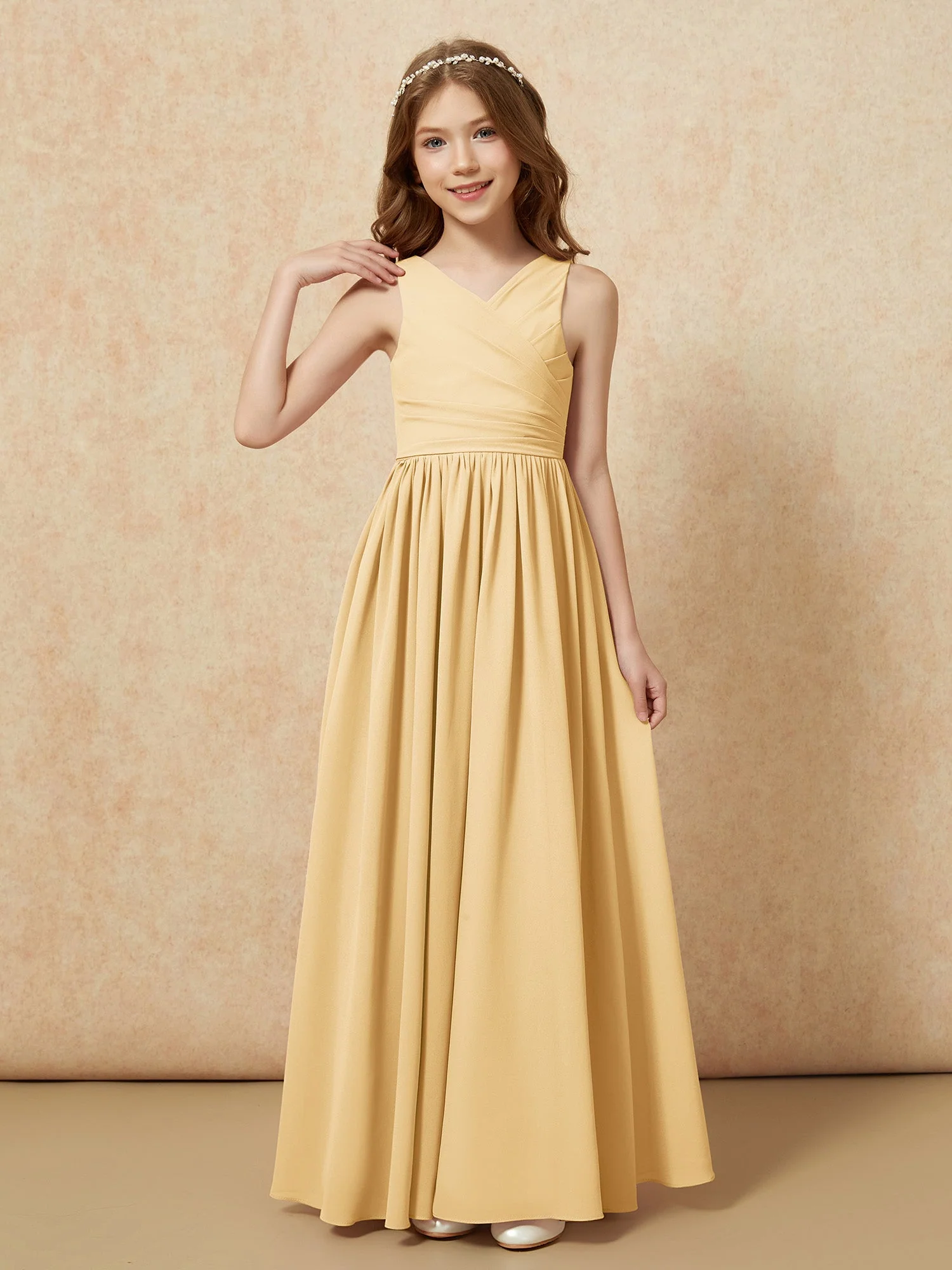 Plissee V-Ausschnitt Chiffon Lang Junge Brautjungfernkleider Gold