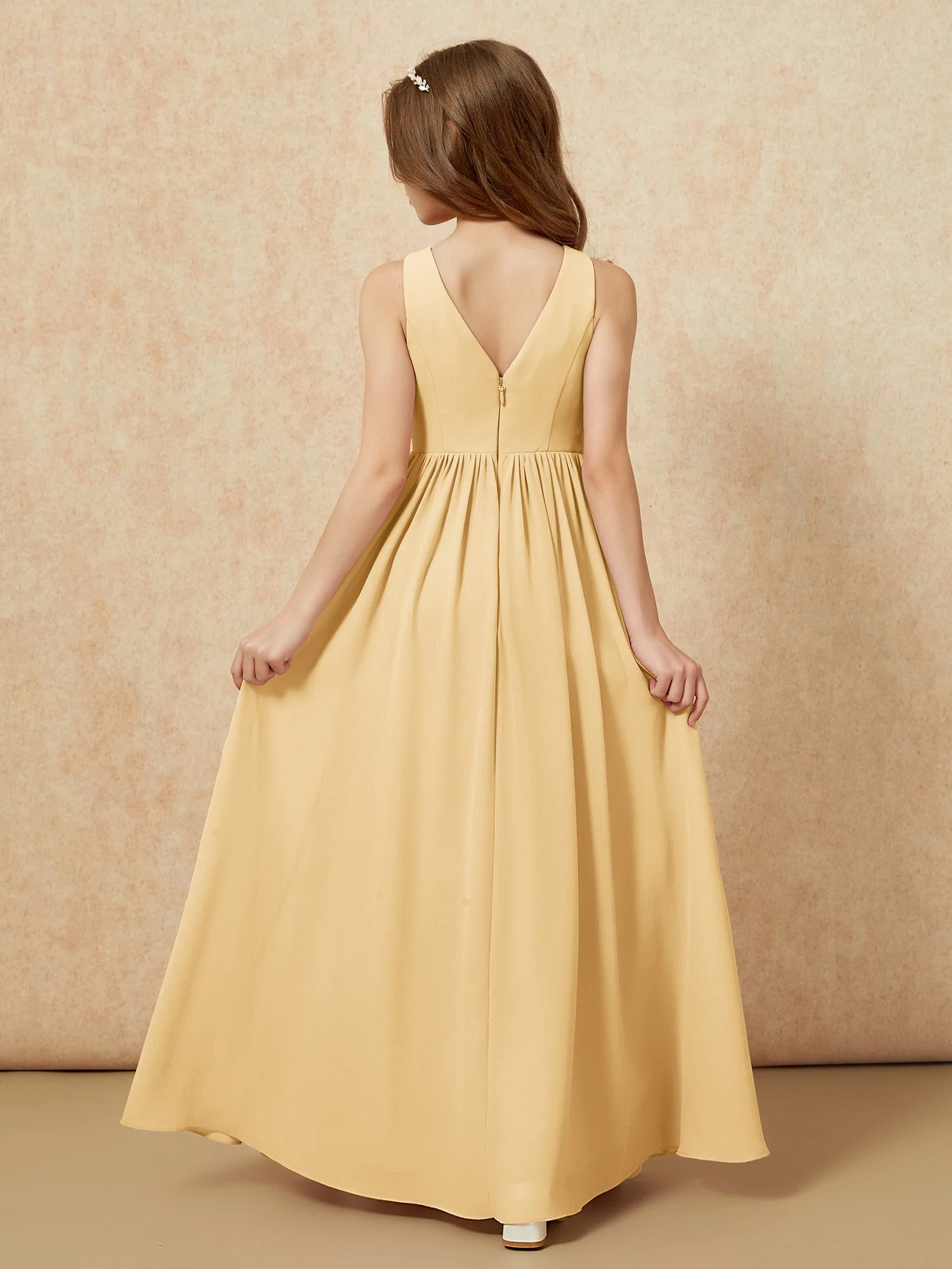 Plissee V-Ausschnitt Chiffon Lang Junge Brautjungfernkleider Gold - Image 2