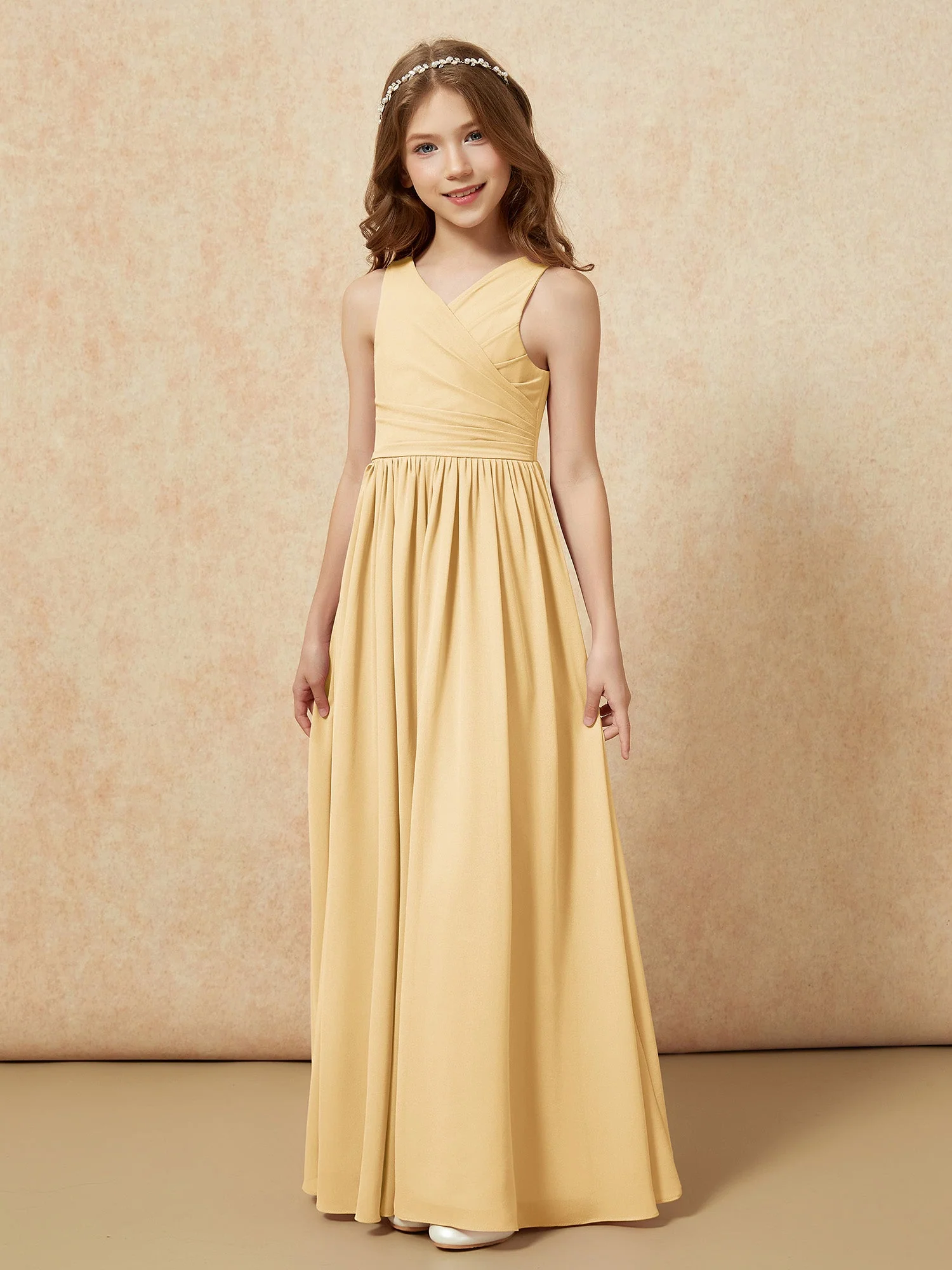 Plissee V-Ausschnitt Chiffon Lang Junge Brautjungfernkleider Gold - Image 3