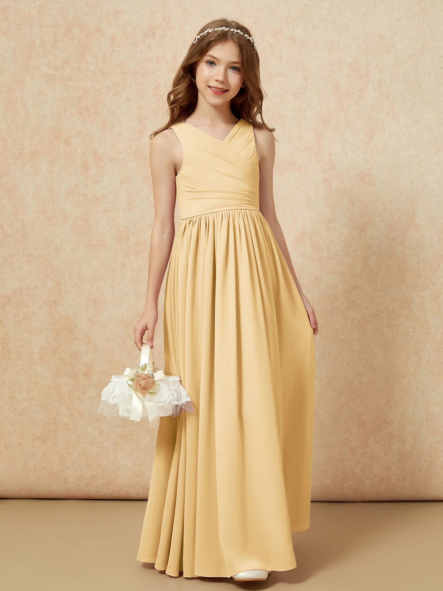 Plissee V-Ausschnitt Chiffon Lang Junge Brautjungfernkleider Gold - Image 4