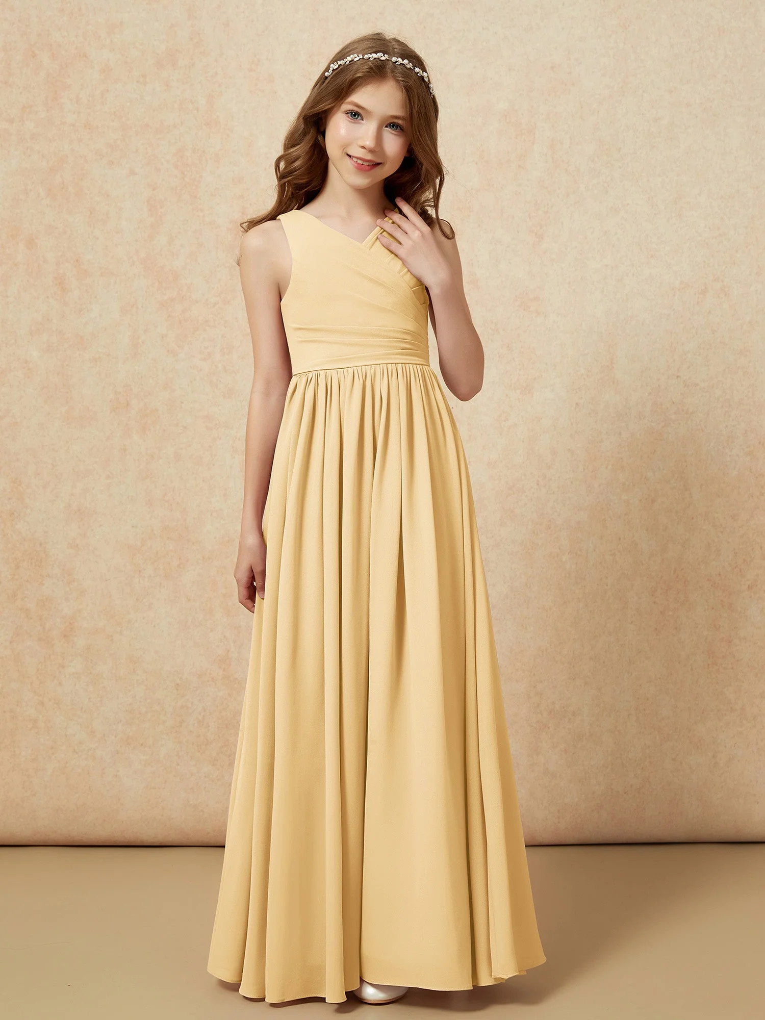 Plissee V-Ausschnitt Chiffon Lang Junge Brautjungfernkleider Gold - Image 5