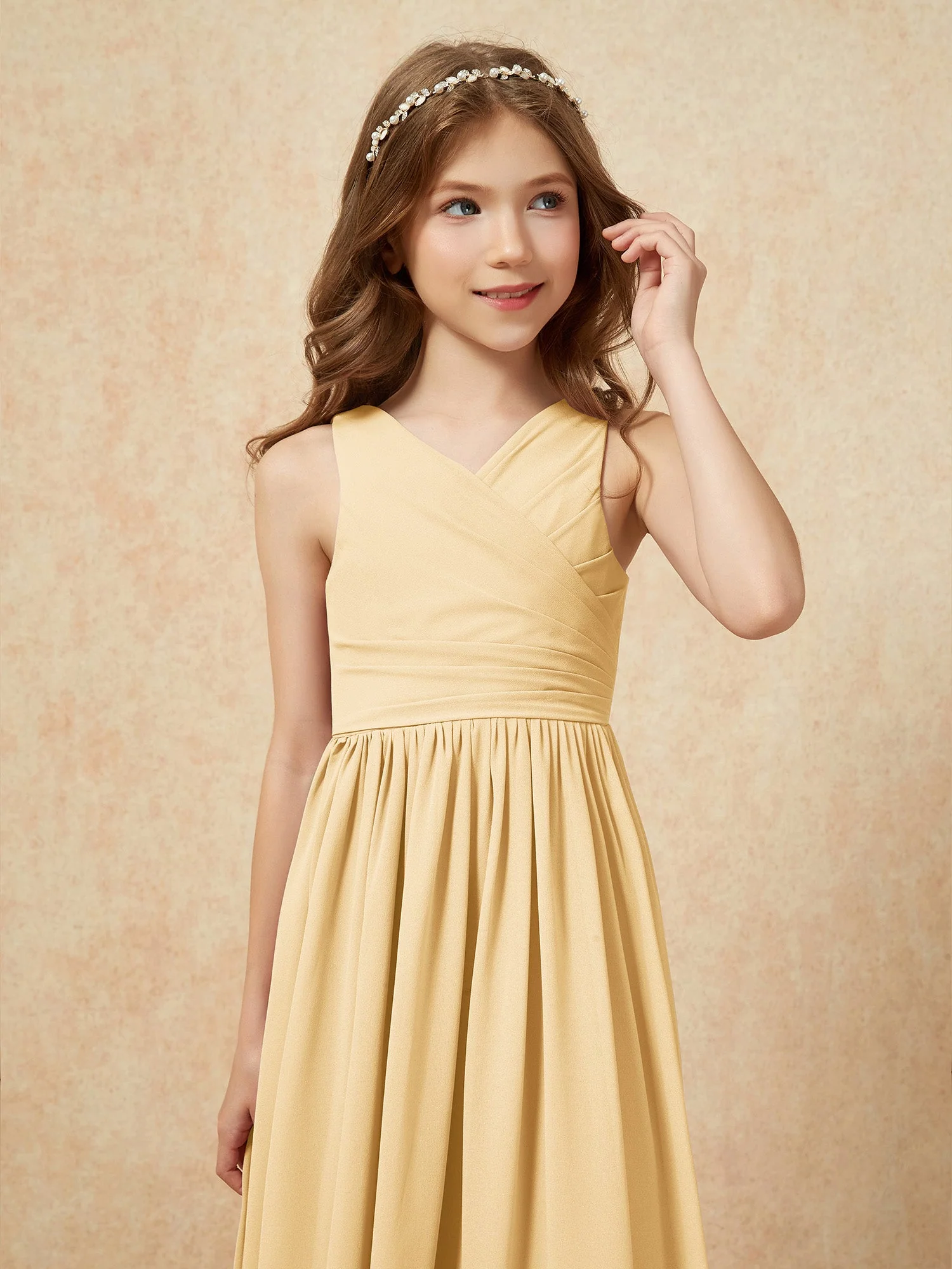 Plissee V-Ausschnitt Chiffon Lang Junge Brautjungfernkleider Gold - Image 6
