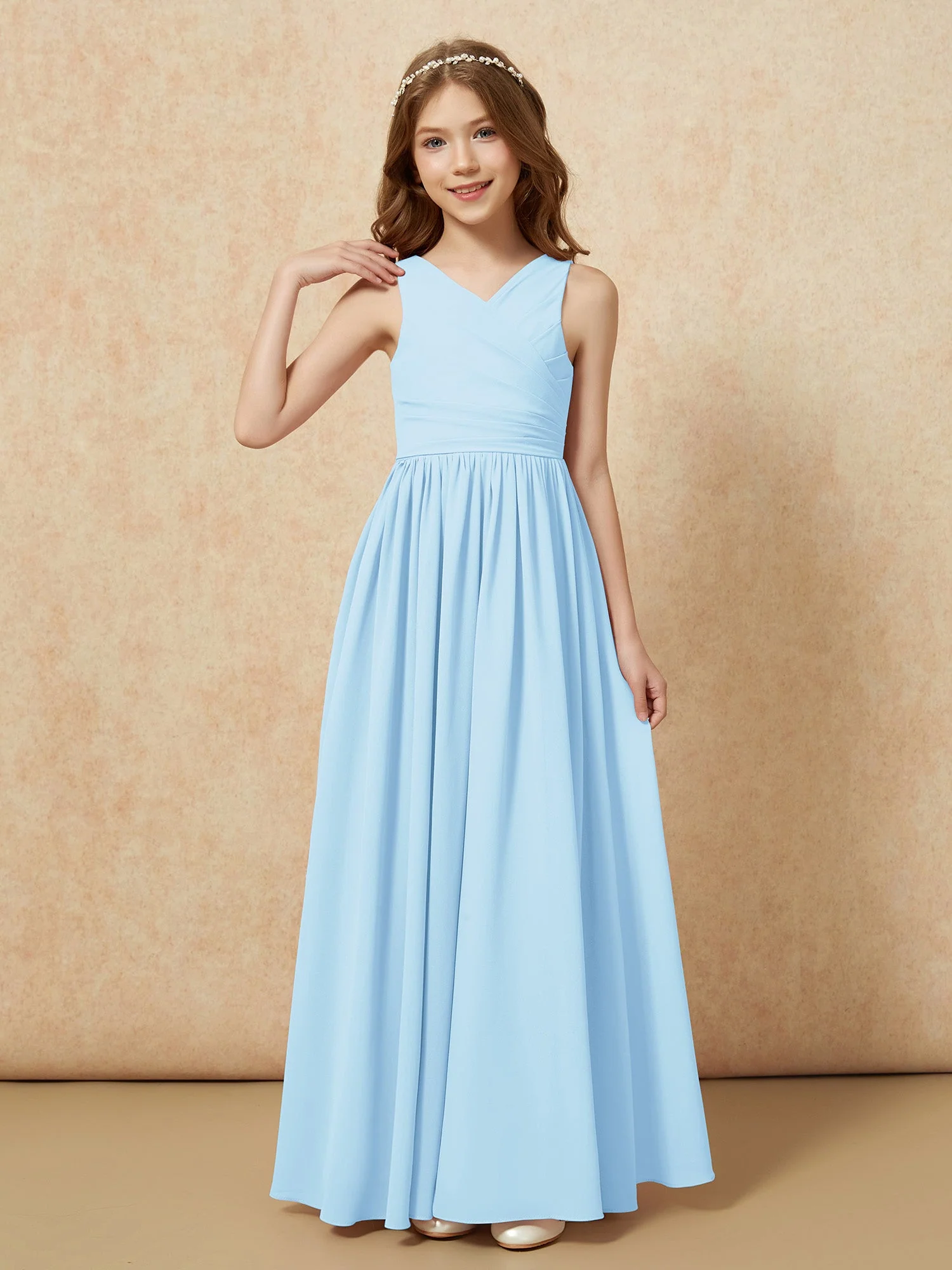 Plissee V-Ausschnitt Chiffon Lang Junge Brautjungfernkleider Himmelblau