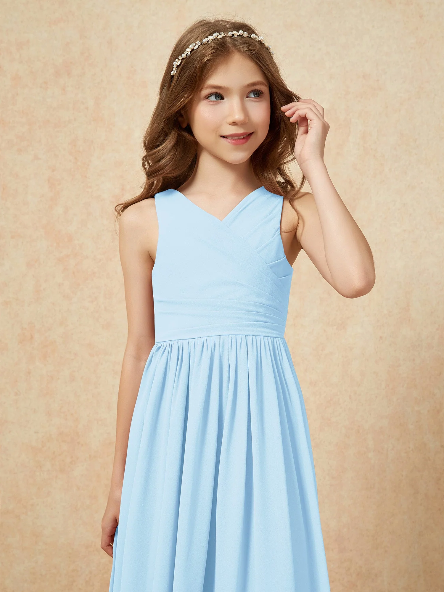 Plissee V-Ausschnitt Chiffon Lang Junge Brautjungfernkleider Himmelblau - Image 6