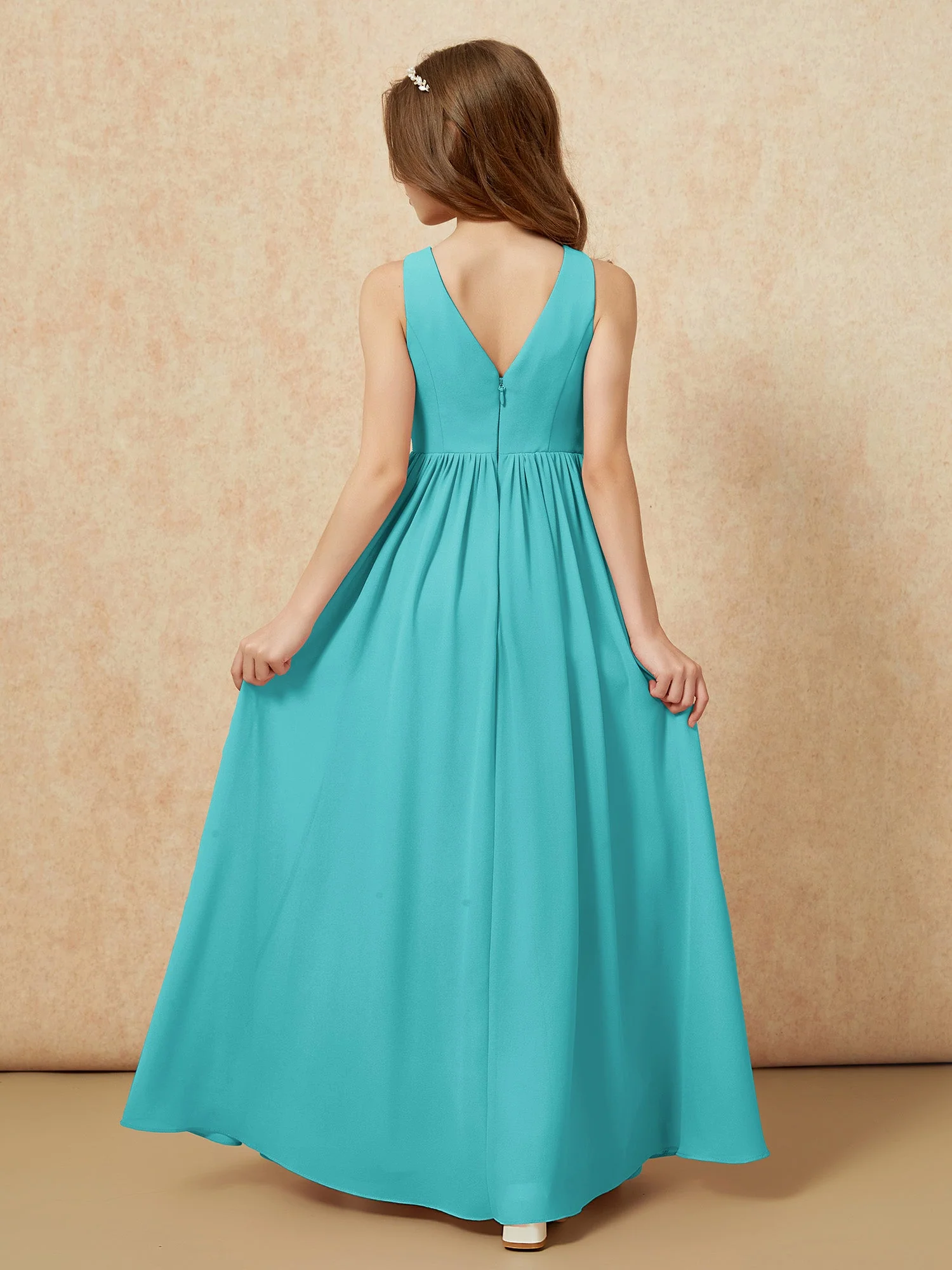Plissee V-Ausschnitt Chiffon Lang Junge Brautjungfernkleider Jade - Image 2
