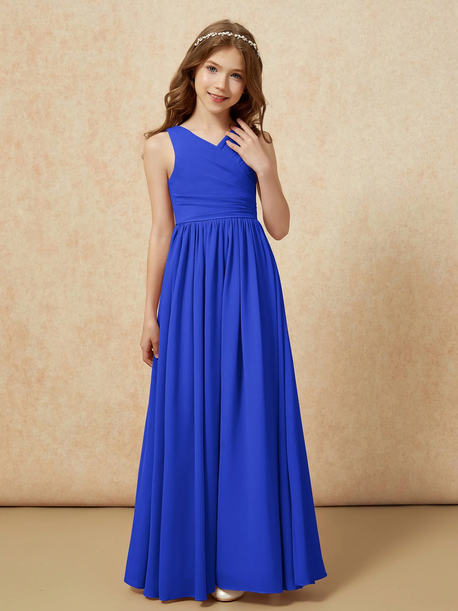Plissee V-Ausschnitt Chiffon Lang Junge Brautjungfernkleider Königsblau - Image 5