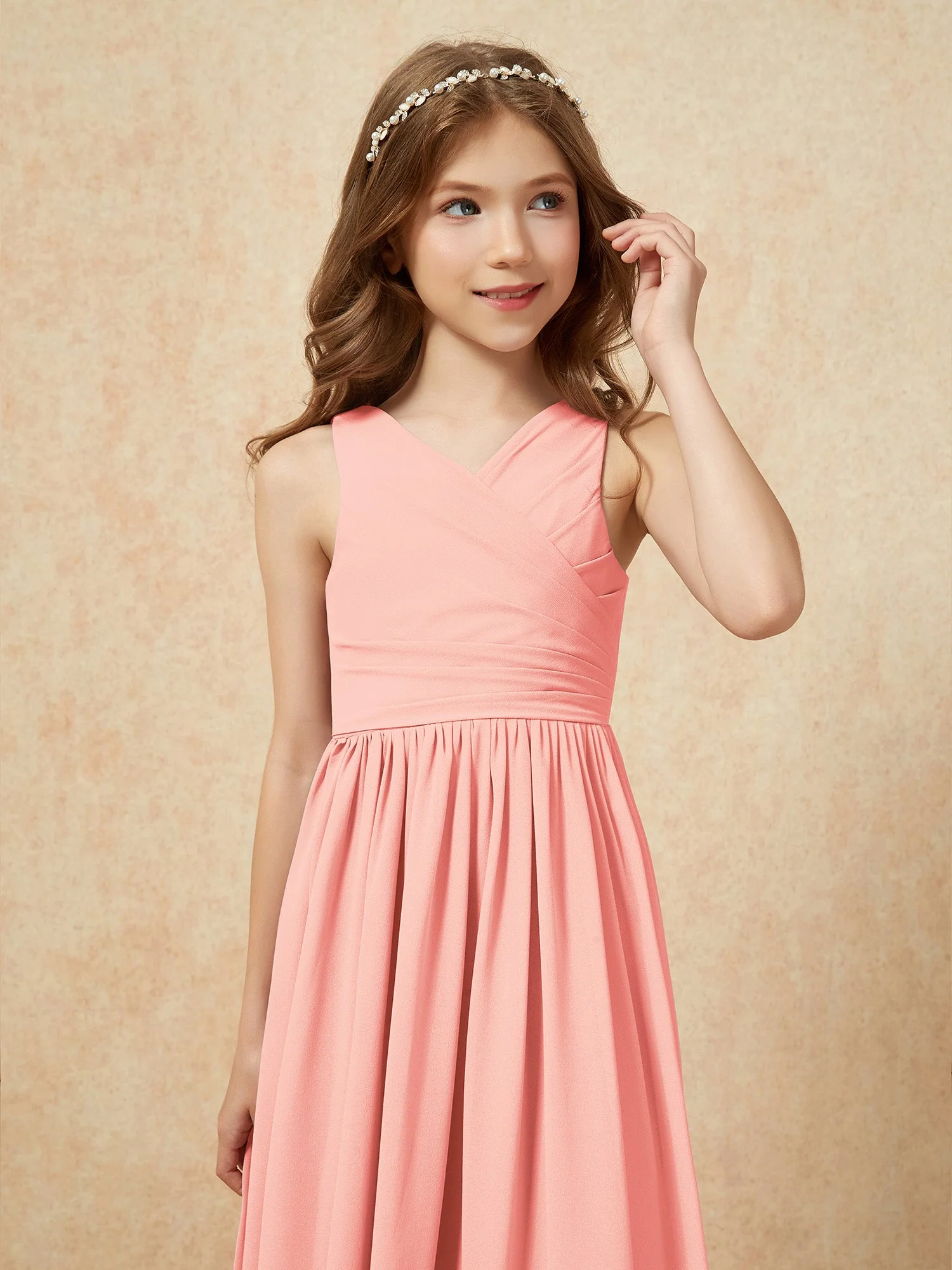 Plissee V-Ausschnitt Chiffon Lang Junge Brautjungfernkleider Koralle - Image 6
