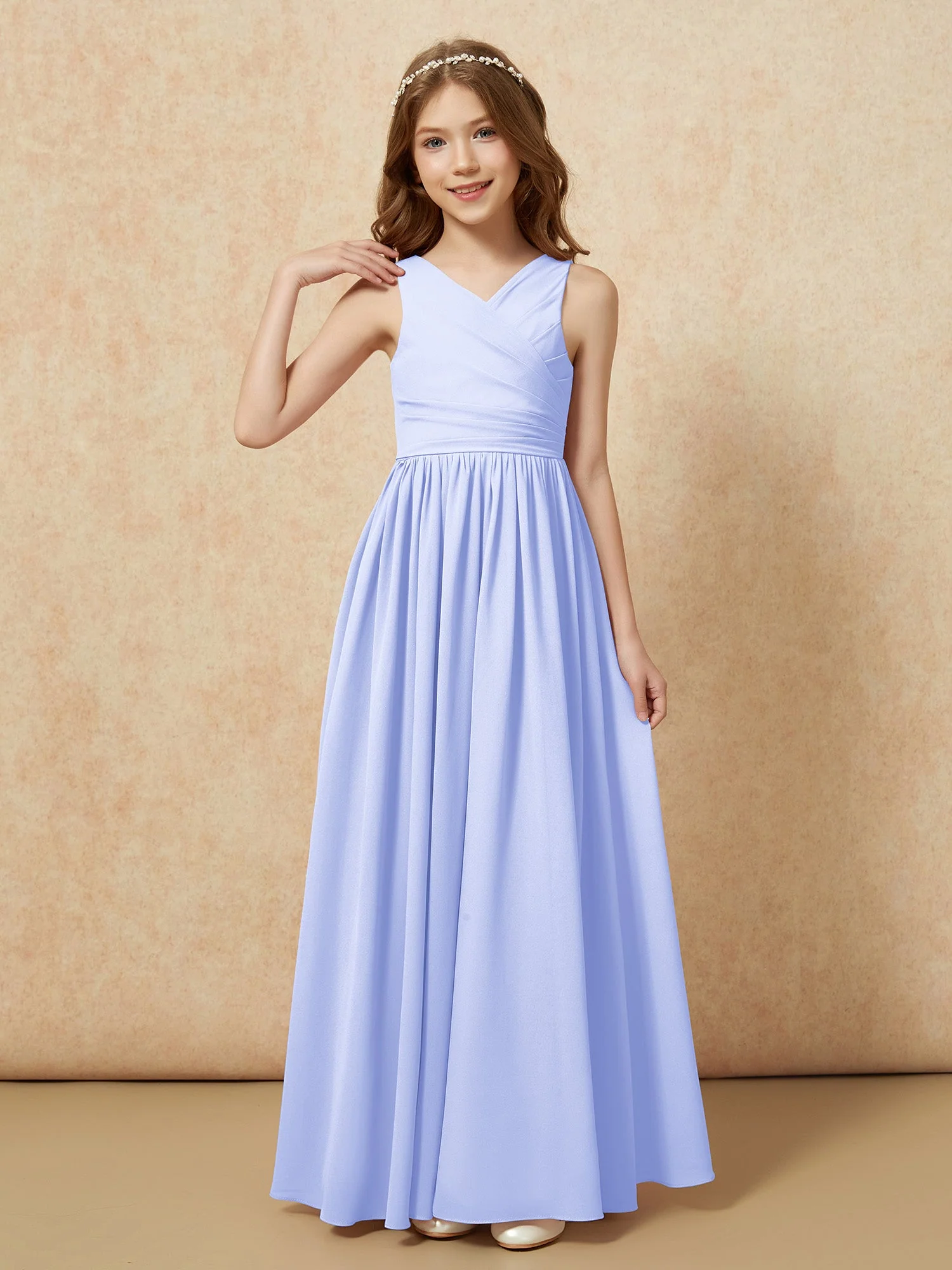 Plissee V-Ausschnitt Chiffon Lang Junge Brautjungfernkleider Lavendel