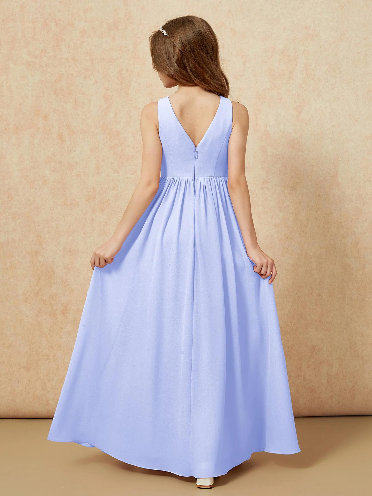 Plissee V-Ausschnitt Chiffon Lang Junge Brautjungfernkleider Lavendel - Image 2