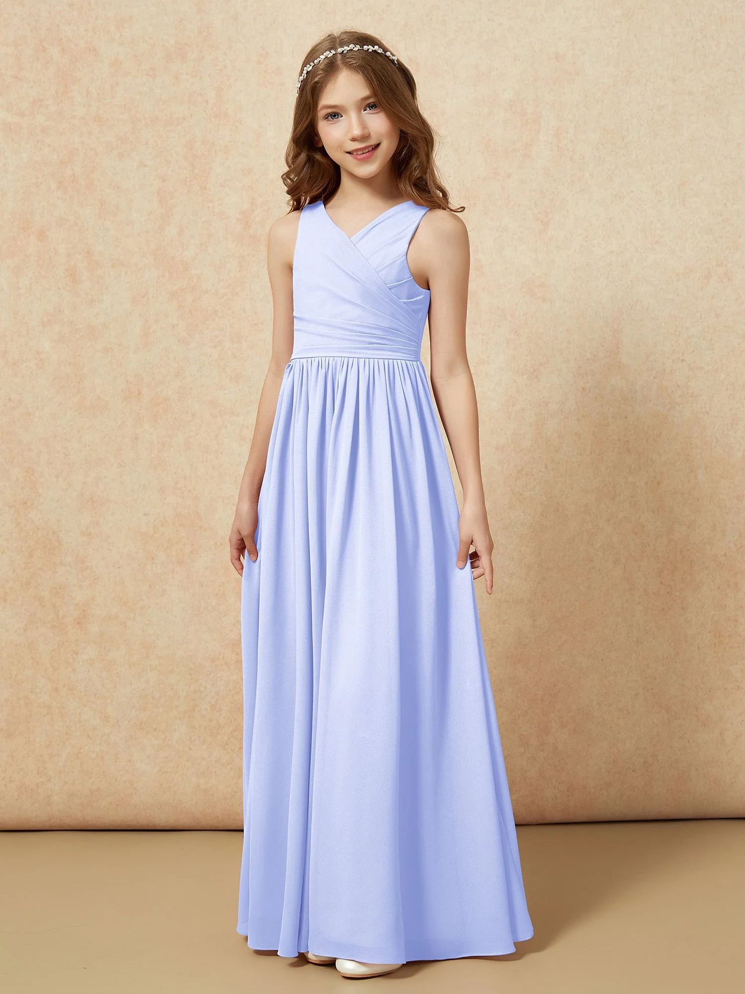 Plissee V-Ausschnitt Chiffon Lang Junge Brautjungfernkleider Lavendel - Image 3