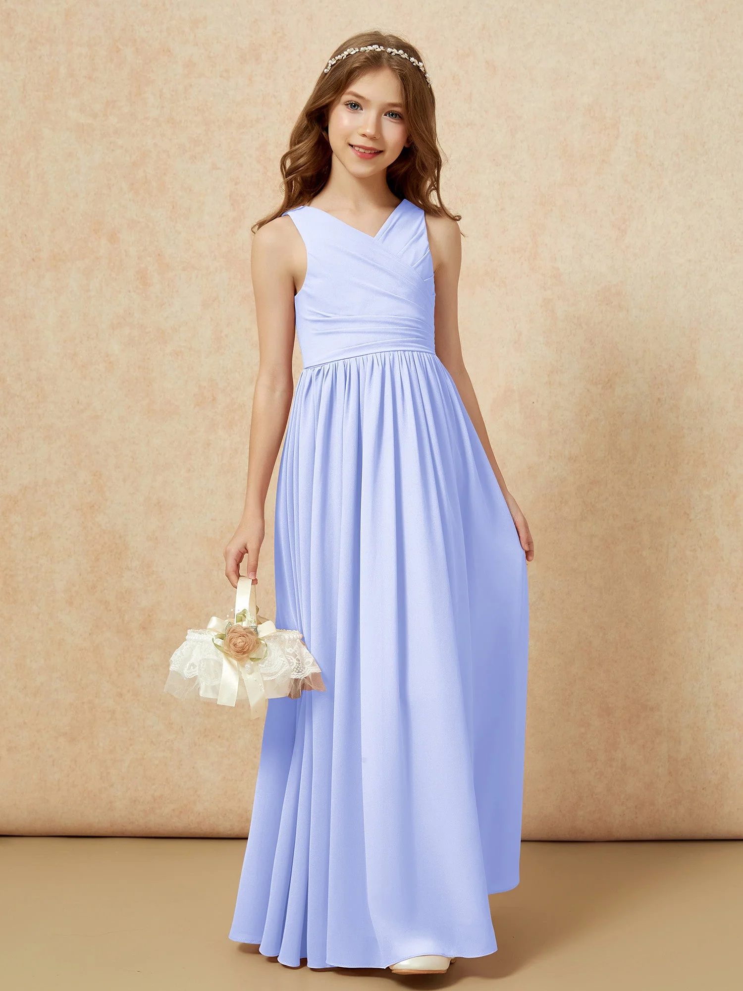 Plissee V-Ausschnitt Chiffon Lang Junge Brautjungfernkleider Lavendel - Image 4
