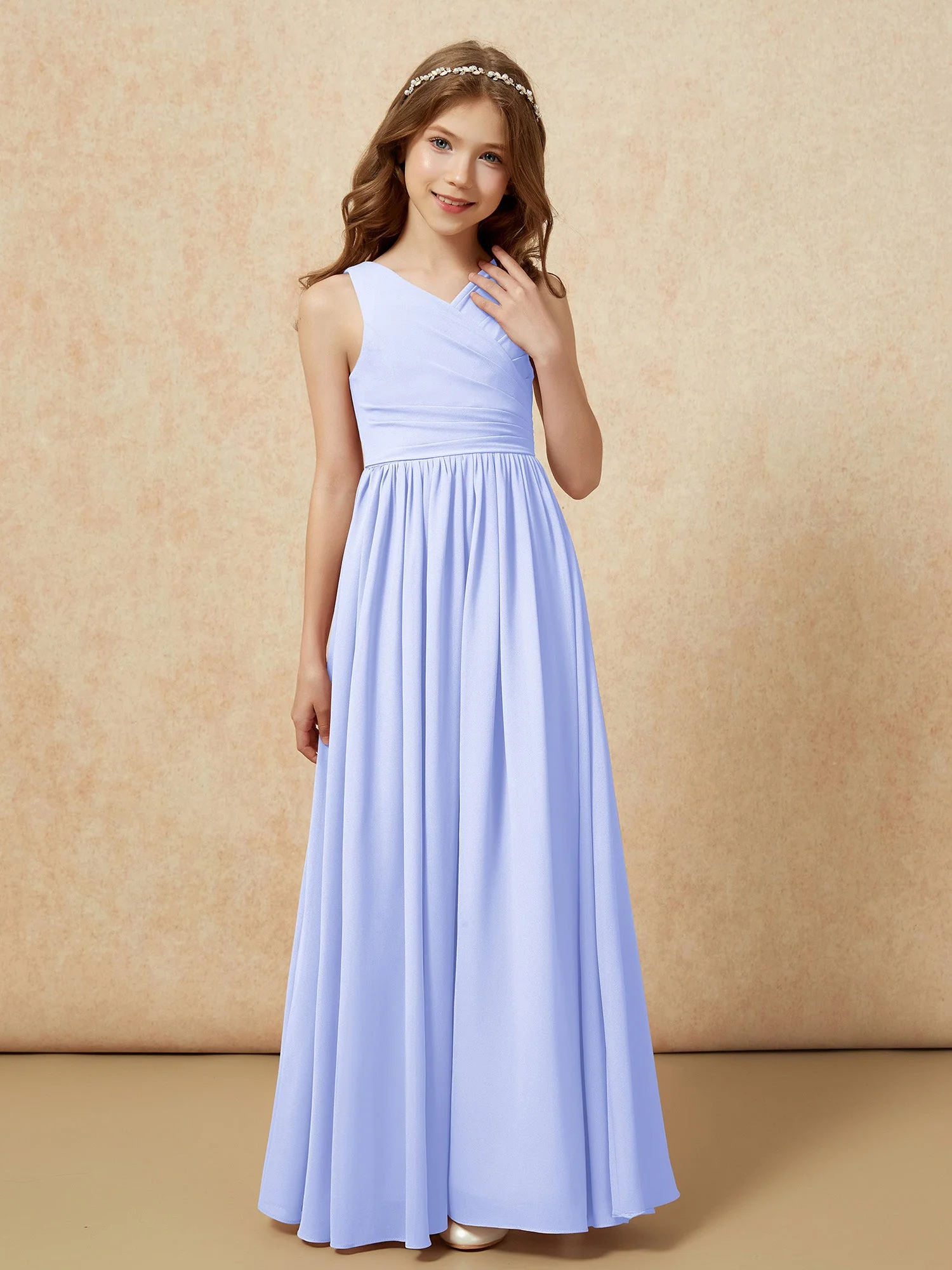 Plissee V-Ausschnitt Chiffon Lang Junge Brautjungfernkleider Lavendel - Image 5