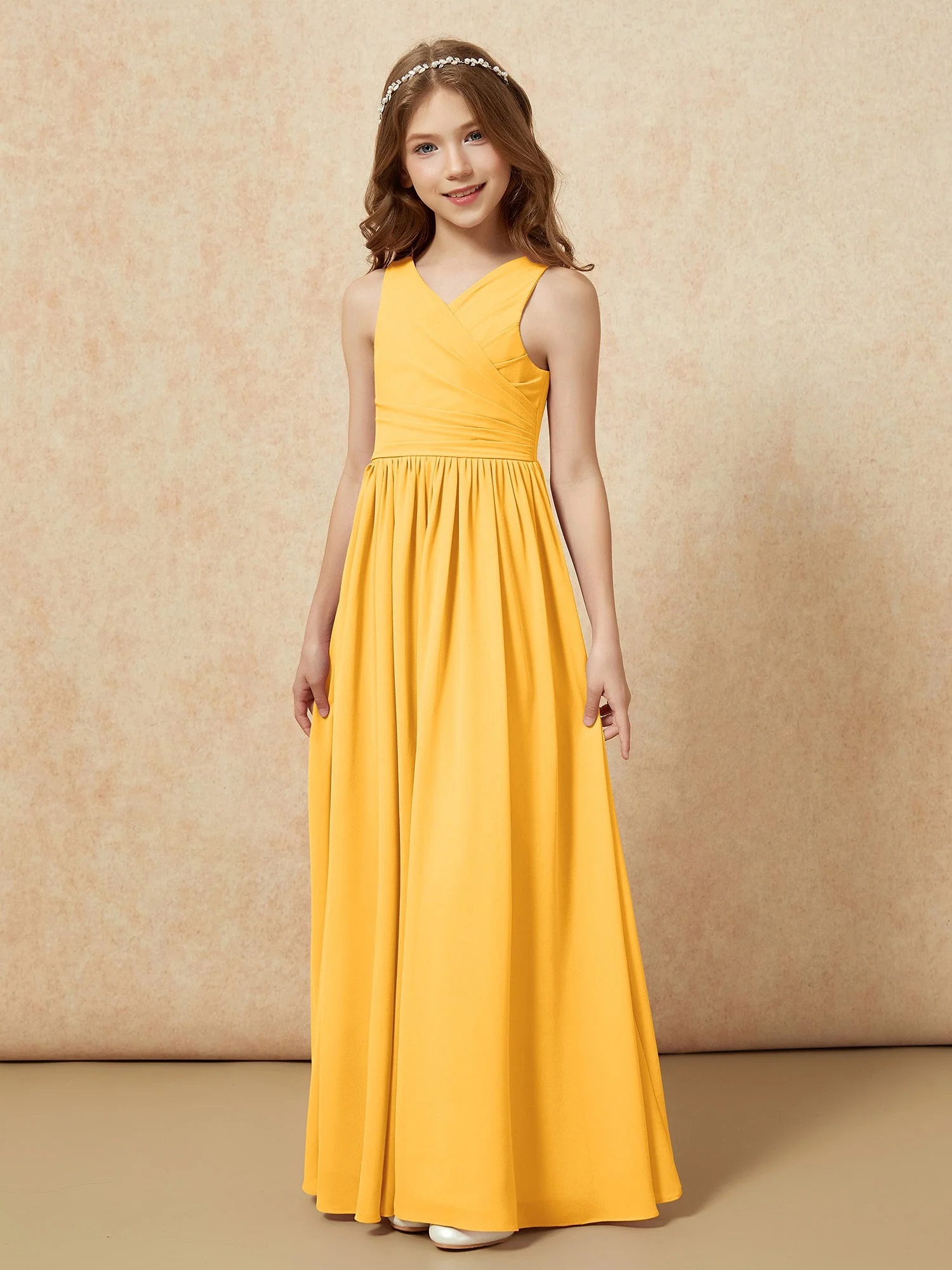 Plissee V-Ausschnitt Chiffon Lang Junge Brautjungfernkleider Mandarine - Image 3