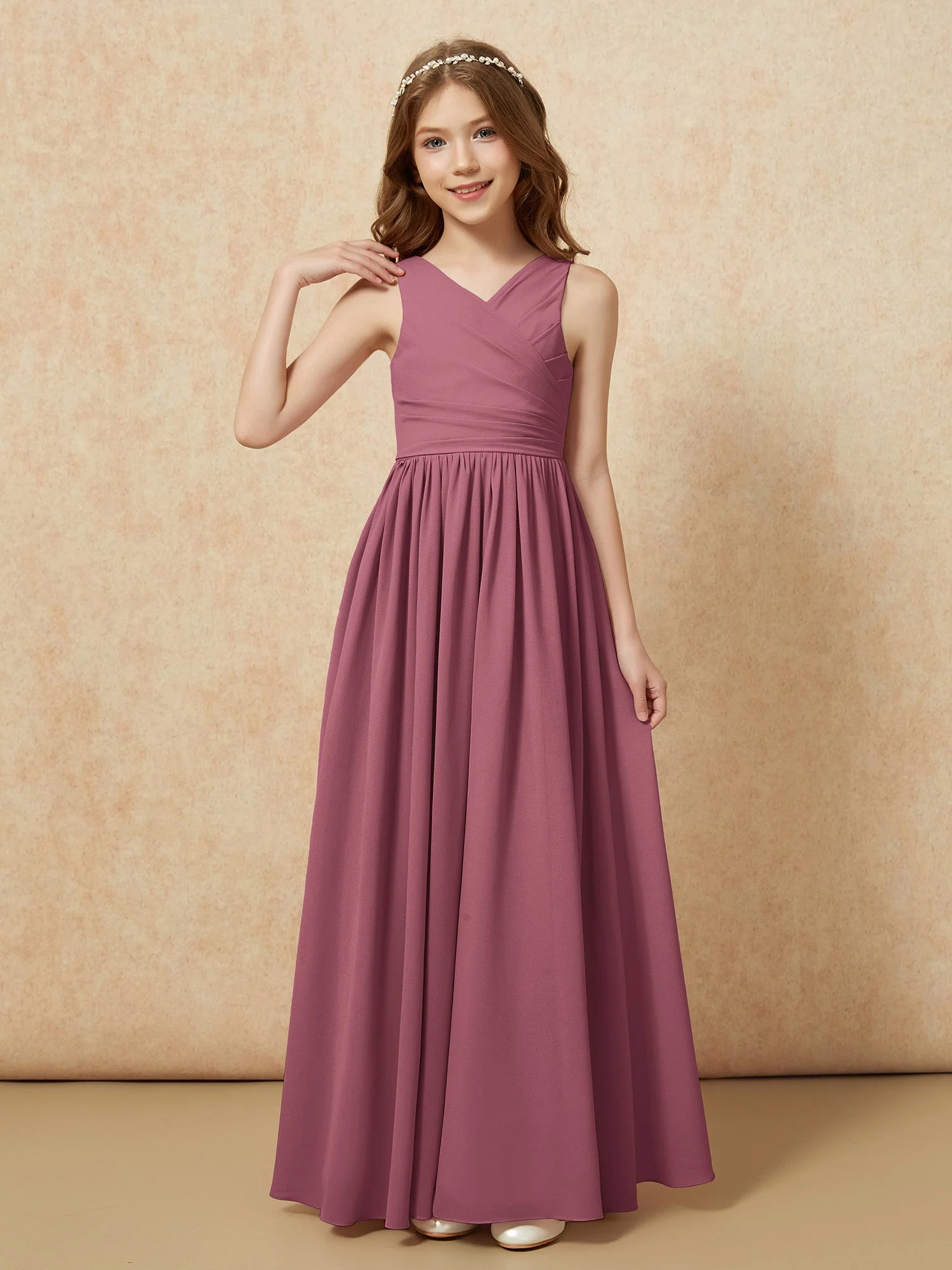 Plissee V-Ausschnitt Chiffon Lang Junge Brautjungfernkleider Maulbeere