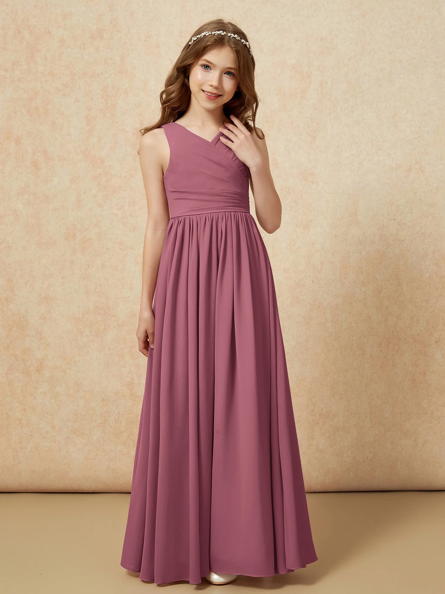 Plissee V-Ausschnitt Chiffon Lang Junge Brautjungfernkleider Maulbeere - Image 5