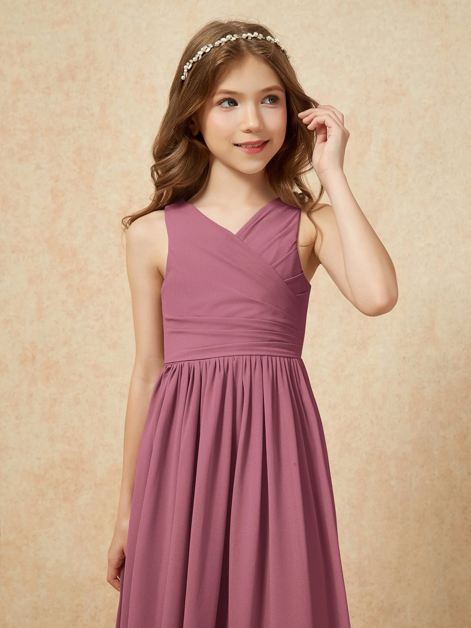 Plissee V-Ausschnitt Chiffon Lang Junge Brautjungfernkleider Maulbeere - Image 6