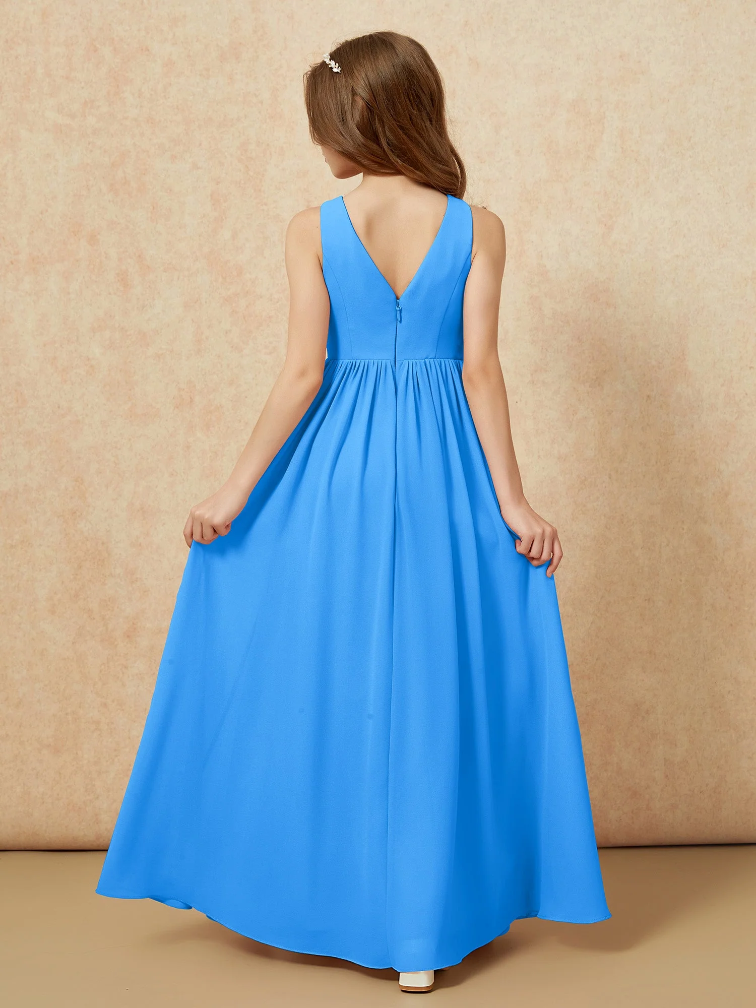 Plissee V-Ausschnitt Chiffon Lang Junge Brautjungfernkleider Meerblau - Image 2