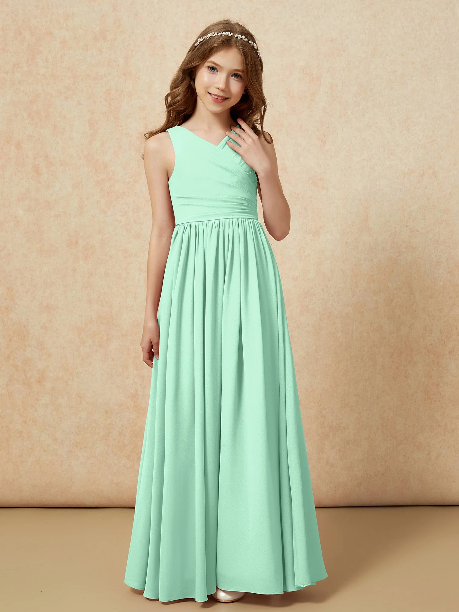 Plissee V-Ausschnitt Chiffon Lang Junge Brautjungfernkleider Minzgrün - Image 5