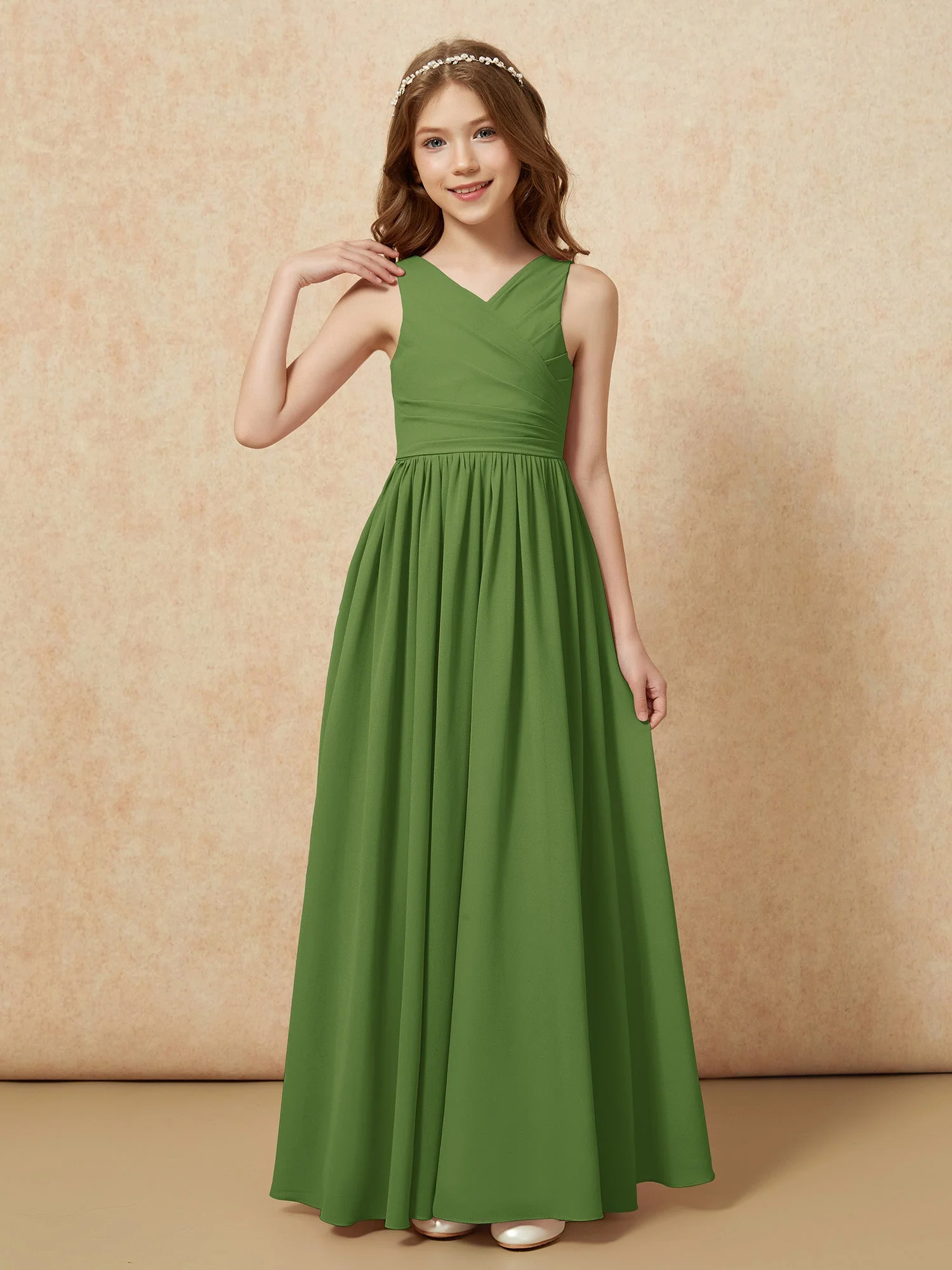 Plissee V-Ausschnitt Chiffon Lang Junge Brautjungfernkleider Moos